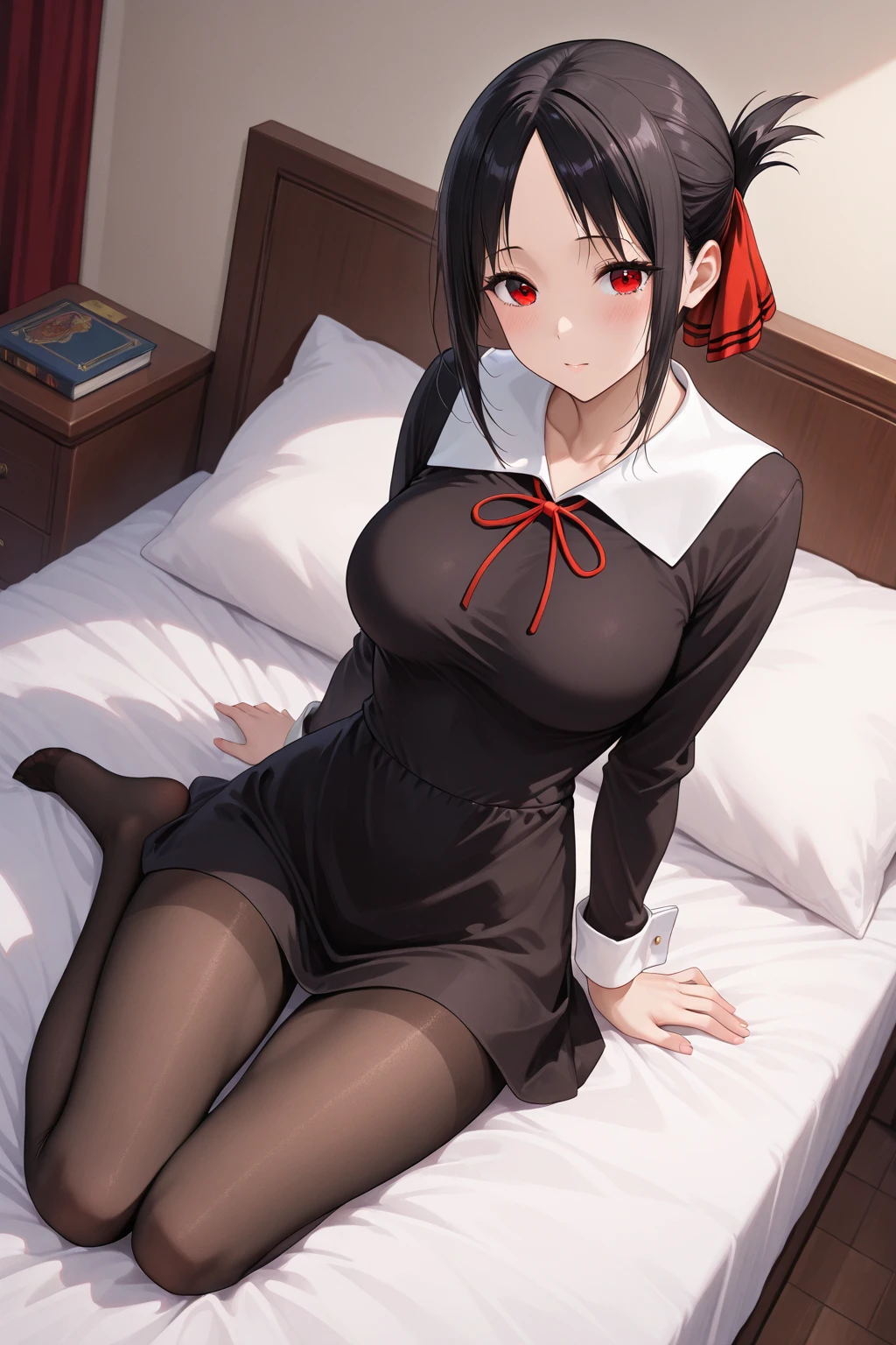 Nsfw, sfw, 18+, ero, erotic, embarrassed, blushing, Sitting on bed, legs crossed, one leg on top of the other, legs crossed, ultra thin tight short dress, very sexy short dress, panties visible, sexy stockings, heels,Hi-Res, 1girl in, Cute anime illustration, 18+