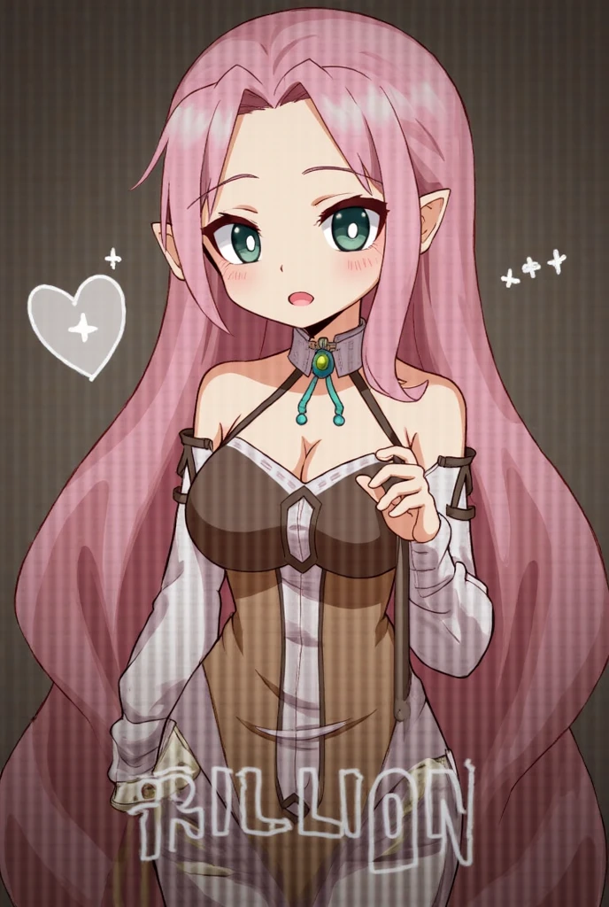 High resolution, Very detailed, perfect lighting, beautiful detailed eyes, ((masterpiece,Best Quality)), absurdities, alone, princess zelda, by the width, crown braid, Hair clip, pointy ears, pink shirt, long sleeves, Gloves without fingers, black gloves, Black pants, tight pants, smile, curves, nod, , deep neckline, deep neckline, bare breasts, bare breasts, NSFW, visible nipples, visible nipples , pink hair, pink hair, looking ahead, looking ahead, acercamiento, acercamiento