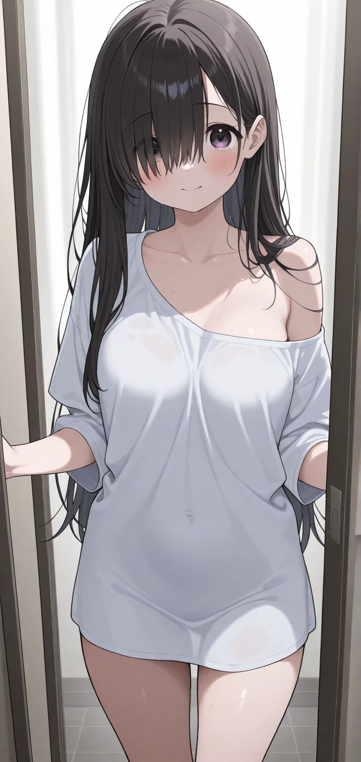 シャワー室でnakedでシャワーを浴びている小学生, naked, Washing hair, Thin black hair, long hair, A young girl is raped by a big man while being covered in a huge amount of semen, Around 9 years old