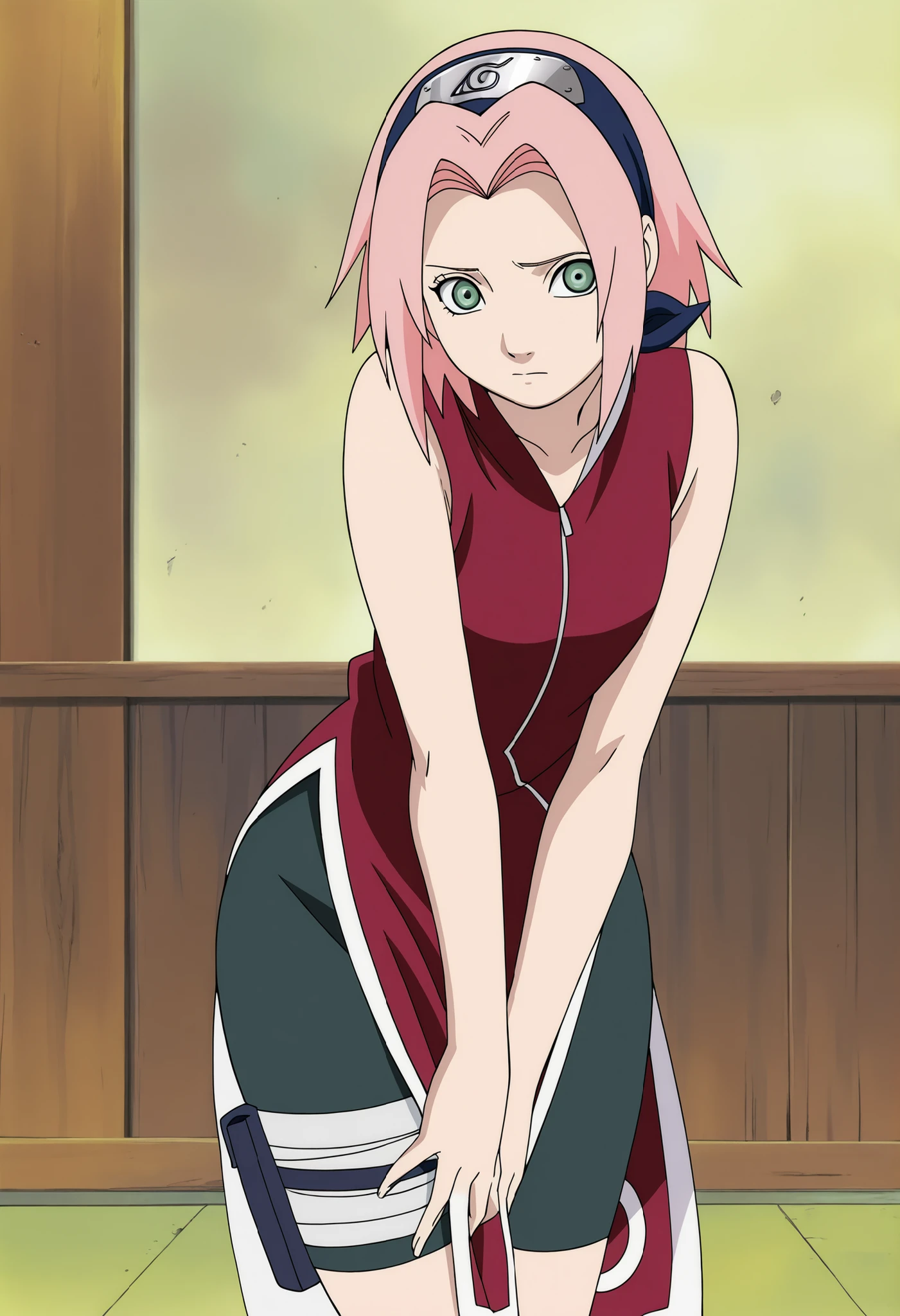 masterpiece, best quality, very detailed, , masterpiece, best quality, eyelashes, (Beautiful Eyes), cowboy shot,, Official anime Illustration, Official artwork, screencap,,Scarsdale, ,Sakura haruno, 1girl,solo, short hair, pink hair, green eyes,"Red sleeveless Chinese qipao with white trim and symbol, black shorts, black open-toe ninja sandals." trying to seduce you , wide hips, She puts the viewer's hand on her thigh