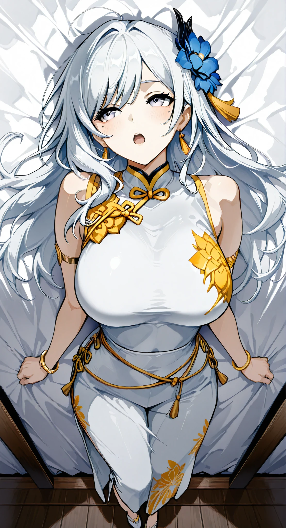 mole under eye、Armlet for left arm、bracelet for right wrist、sleeveless china ,anime girl Picture of a woman with long white hair and a flower in her hair, gray hairの deity, Anime Goddess, gray hairの, gray hairの lady, gray hair, Zodiac knight turning away, Haise Jinyao, Genshin characters、Keking, Full Body Senxia , female anime character, Picture of a woman with long white hair, perfect gray hairの girl,large breasts with good shape,thin waist,mole under eye,long gloves,earring,no background,moist eyes、Kind Eyes、gentle expression、Arching back, ecstasy, climax, orgasm, open mouth, blush, frown 、 Very large bed、my whole body lies on a white sheet、My face completely turns straight to the side from here、one woman、 The hair bundled in the back is a braid, cowboy shot with a close cute face、 from above、 Feet outside the frame、 first-person view、, sideways, from side