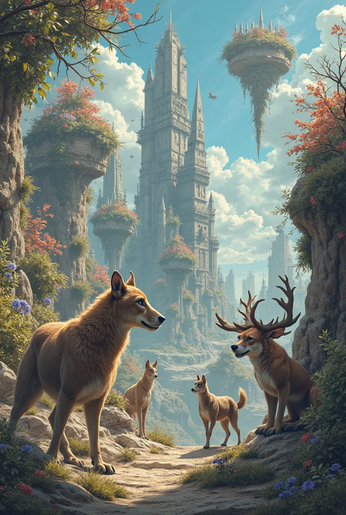 Many deer stand in the field near the castle, 以Game Concept Art形式进行绘制, 风景Game Concept Art, Stylized Concept Art, environmentdesign illustration, Game Concept Art, Concept Art, Relaxing Concept Art, Fantasy painting，Lovely, environmentConcept Art, Background artwork, environment, Digital 2D fantasy art, Beautiful concept art