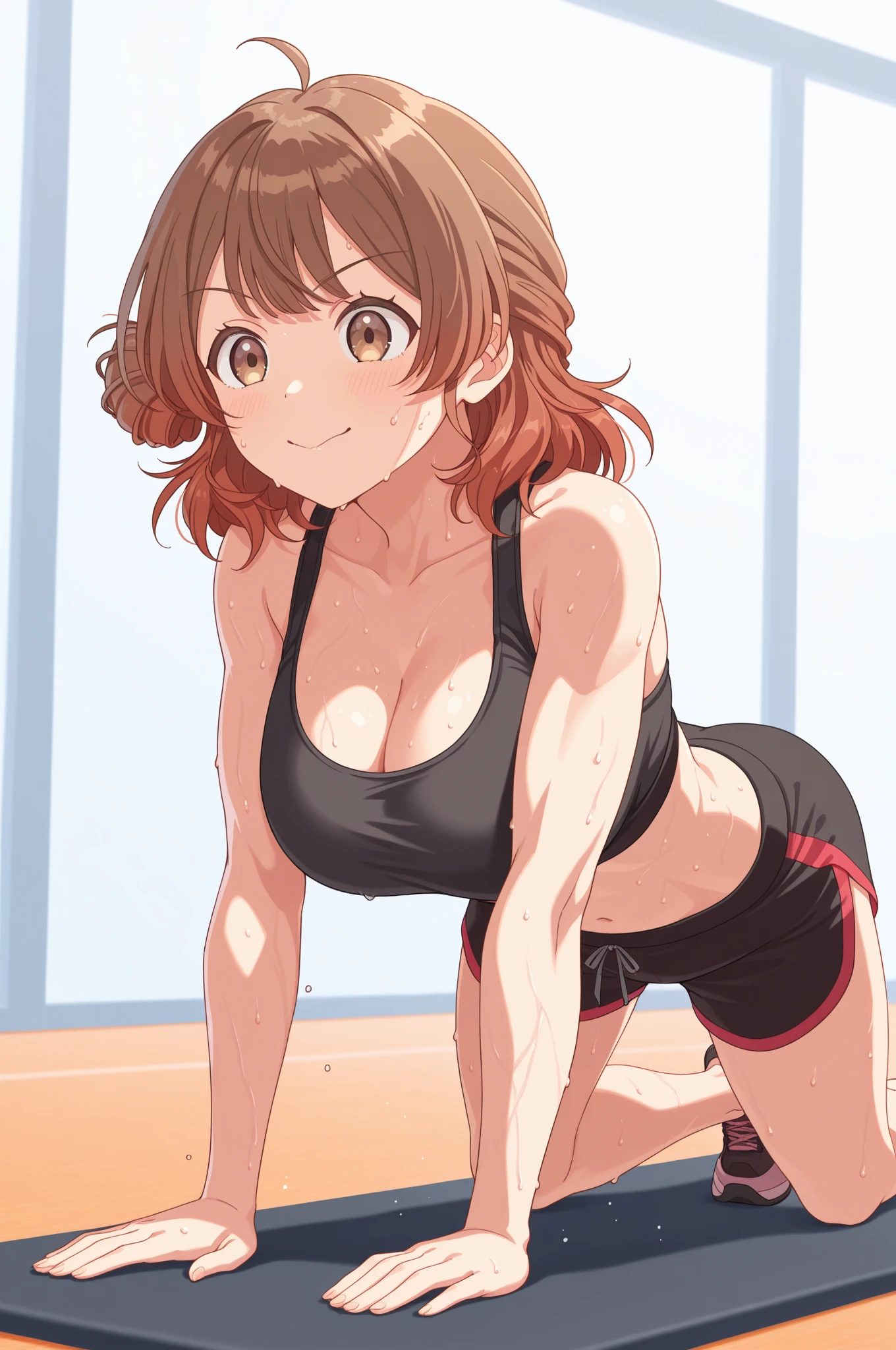 horikoshi kouhei, 1girl, :d, nonsense, arms behind back, bangs, blush, boku no hero academia, breasts, brown eyes, brown hair, fengling (furin-jp), highres, looking at the viewer, medium breasts, open mouth, pantyhose, bikini, short hair, sidelocks, smile, solo, standing, Uraraka ochako, red of shame, in public, small red bikini, micro bikini, walking in public, surrounded by people, micro-bikini, (grabbing breasts:1.5),(( bikini falling)), paying tits, wardrobe malfunction, ((bikini untying)), not noticing the bikini untie,