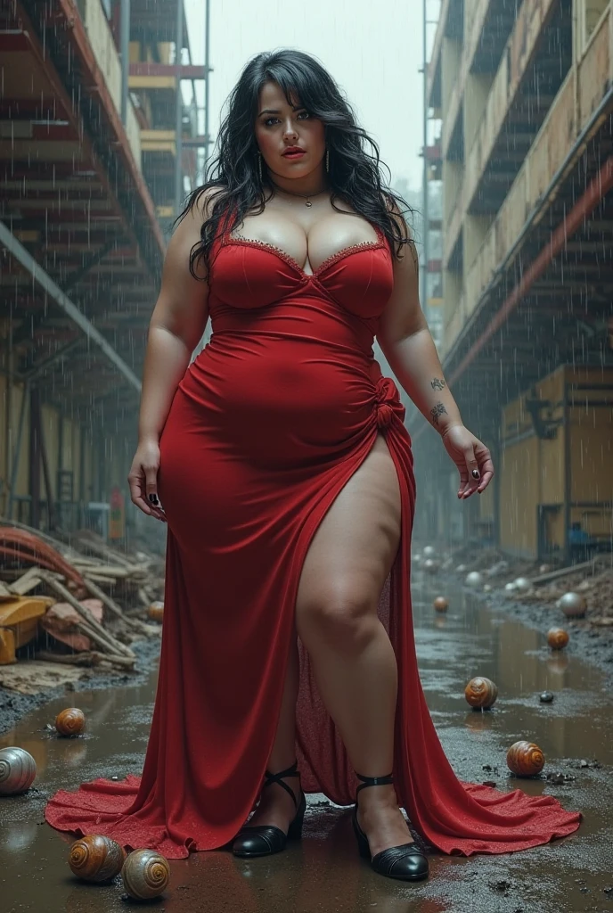
(Thirty year old) chubby woman ,out of shape, standing in the heavy rain, fat belly, zaftig figure, voluptuous curves, tighttop, thicc, cleavage_cutout, she is wearing high heels sandals, she has a jiggly fat round belly her belly hanging over her panties, tight attire, high heels sandals, she has love handles, she has massive heavy breasts resting on her belly, wearing a (long bright red dress:1.2), beautiful legs, (soaked hair:1.2), dreamy photo, dramatic pose, looking straight at camera, soft expression, flirty, slight smile, dark city landscape, crowd of dark strangers, misty, andre kohn, Canon, (Detailed features::1.2), real life. Hayley Atwell, intricate, 8k, highly detailed, (extremely detailed CG unity 8k wallpaper), ((square jaw)), (well defined jaw), (downturned lips), (detailed anatomy), Hyperrealistic full shot body image, trending on CGSociety, Intricate, High Detail, Sharp focus, dramatic, volumetric lighting, digital painting, intense, modelshoot style, (extremely detailed CG unity 8k wallpaper), full shot body photo of the most beautiful artwork in the world, pearl skin, professional majestic oil painting by Ed Blinkey, Atey Ghailan, Studio Ghibli, by Jeremy Mann, Greg Manchess, Antonio Moro, trending on ArtStation, photorealistic painting art by midjourney and greg Rutkowski