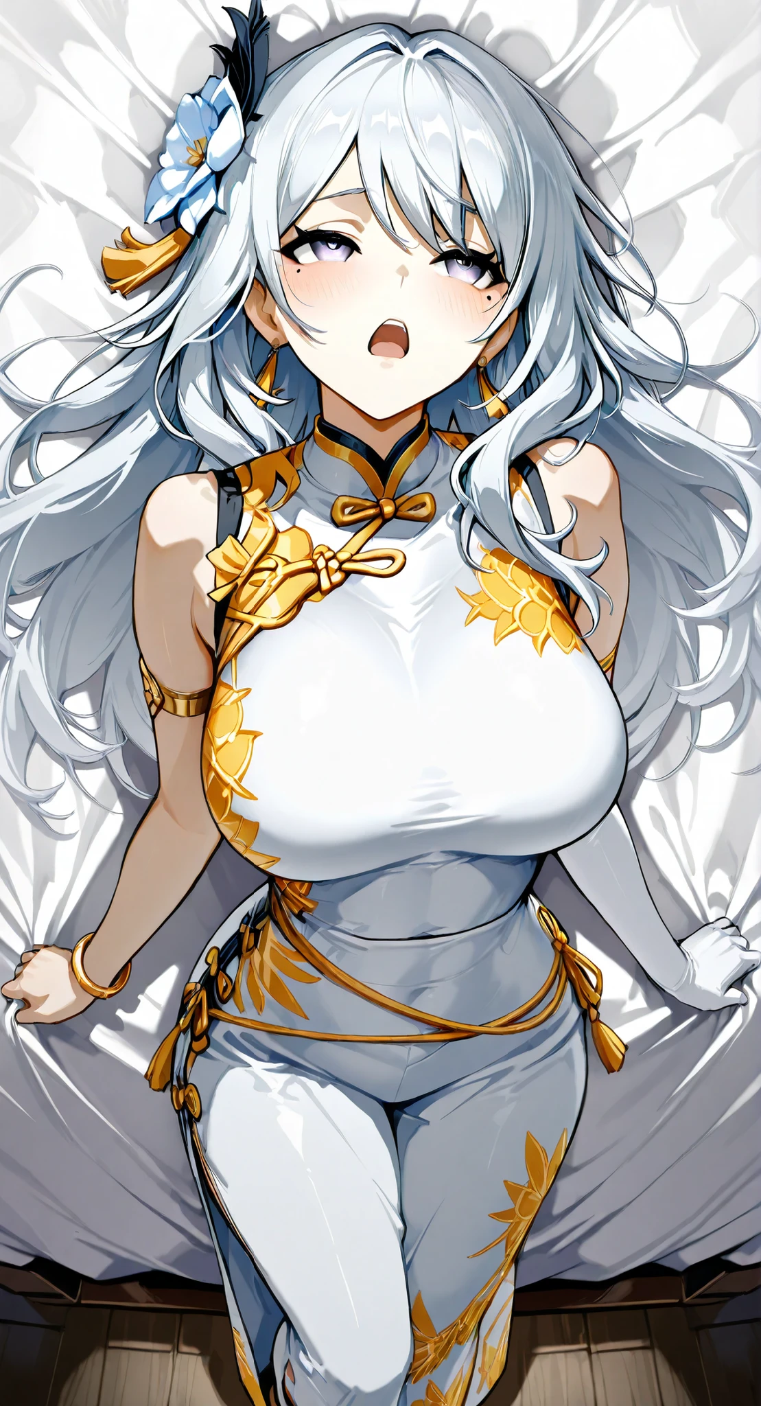 mole under eye、Armlet for left arm、bracelet for right wrist、sleeveless china ,anime girl Picture of a woman with long white hair and a flower in her hair, gray hairの deity, Anime Goddess, gray hairの, gray hairの lady, gray hair, Zodiac knight turning away, Haise Jinyao, Genshin characters、Keking, Full Body Senxia , female anime character, Picture of a woman with long white hair, perfect gray hairの girl,large breasts with good shape,thin waist,mole under eye,long gloves,earring,no background,moist eyes、Kind Eyes、gentle expression、Arching back, ecstasy, climax, orgasm, open mouth, blush, frown 、 Very large bed、my whole body lies on a white sheet、My face completely turns straight to the side from here、one woman、 The hair bundled in the back is a braid, cowboy shot with a close cute face、 from above、 Feet outside the frame、 first-person view、, sideways, from side