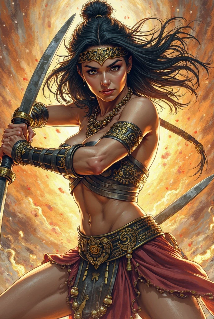 The image depicts an Indian warrior from the Amazon rainforest, ready for combat. Her straight, black hair is cut at shoulder height, so as not to get in the way of her movements. Her tanned skin and almond-shaped eyes glow with courage and attention. Her short cotton dress is dyed red with annatto, the color of blood and life. Their necklaces and bracelets of seeds, feathers and teeth of animals show their connection to nature and their ancestors. His body paintings of geometric shapes, made with jenipapo, represent his strength and his wisdom. In her left hand, she holds a sharp knife, which can cut through the flesh and soul of her enemies. On her back, she carries a bow and arrow, which can hit her targets accurately and quickly. His posture is fearless and confident, as if he knows he is fighting for a just cause. The image exalts its natural beauty and its cultural identity, but also its determination and its bravery., Expressionism, image fill, 8k, anatomically correct --auto --s2