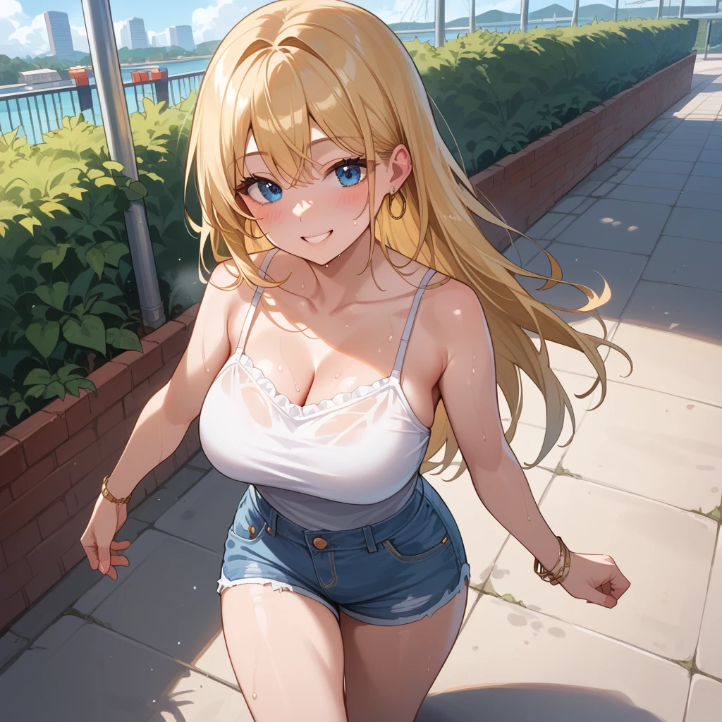 masterpiece, absurdres, best quality, ultra detailed, high Resolution, detailed illustration, bright colour, (extremely beautiful detailed face and eyes, Delicate beautiful face, 1 girl, cute face:1.3), (magenta eyes:1.1), sparkling eyes, big eyes, medium breasts, (perky breasts:1.1), (pointy breasts:1.1), medium hips, glamorous body, white skin, BREAK, long bob cut, (blonde hair:0.8), messy hair, detailed hair, shiny hair, BREAK (School Swimsuit, undressed, down blouse, Sideboob:1.3), perfect lighting, (embarrassed:1.3), (???????, vulgarity:1.5), (trembling:0.8), full body,