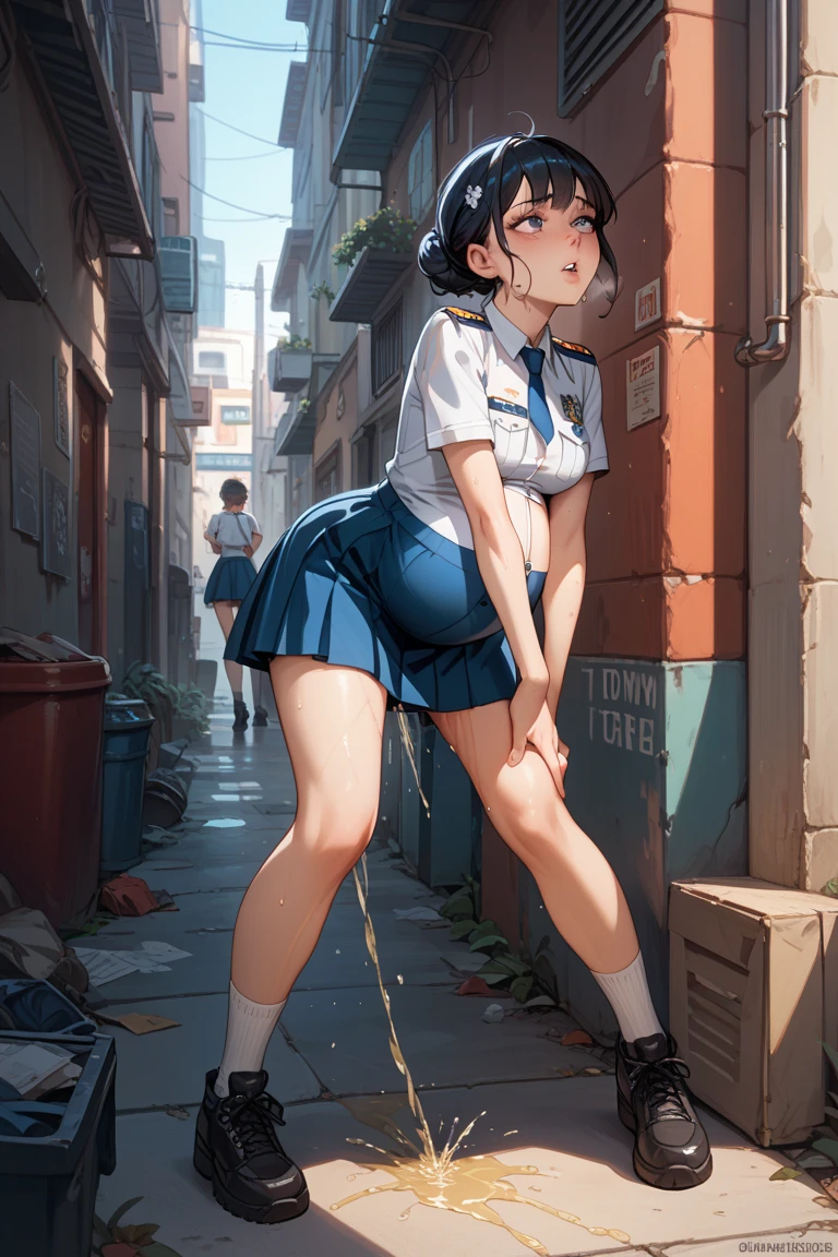 , (masterpiece, top quality, best quality, highly detailed:1.6), extremely detailed CG unity 8k wallpaper, strong facial expression, (sharp eye:1.2), (scowl:1.1), (embarrassed, blush:1.3), (steam:1.8), (wet:1.2), (sweat:1.1), (trembling:1.3), (open mouth, wavy mouth:1.4), (harf open eyes:1.5), (feeling weak:1.5), (shoot from front, looking at viewer:1.2), (leaning forward,close knees, hands between legs,  running down legs:2), (((clutching ))), (Japanese police car behind), (downtown street, outside police car, next to the police car), (1 woman, outdoor, police uniform:1.4), ((Blue Shirt, Pencil Skirt)), The background is a street corner, shoes, (long hair, brown hair, pubic hair, Brown:1.5), (woman trembling with :1.5), (at midnight), night, at dawn, colorful, full body, wide shot, perfect composition, urination, incontinence, , peeing self, A lot of , having an accident,  running down legs, panties around one leg, ((( stream))), ( puddle), wetting herself,  stain, peeing, blush, trembling, embarrassed, , Yellow , ((leaking )), Shaking one's shoulders, Breaking a sweat on forehead, puddle of ,  at your feet,  spread on the floor,  stains, Dripping  between my legs, Feet wet from , Pee-covered feet,  at your feet, want to , about to , Full bladder, Pee-soaked skirt, Pee-soaked shoes, natural makeup,