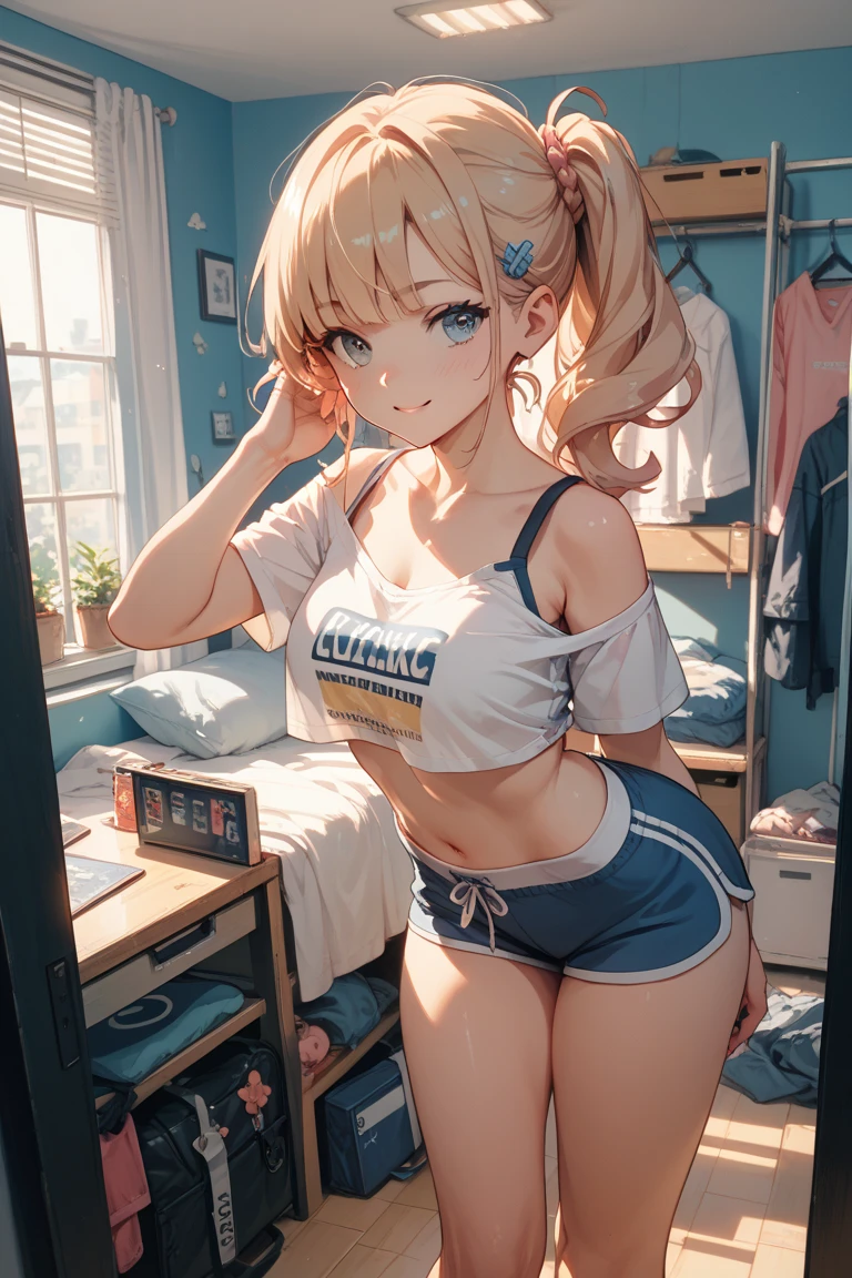 Absurd, Super detailedな,(In 8K:1.3),Masseter muscle area,(masterpiece:1.2)、(Highest quality)、4K、Super detailed、(Movement Structure:1.4)、(Shining Lights、Atmosphere lighting), High resolution, Best Quality、(One girl:1.4),Super detailedな,Bright colors、Treebreak Production Art、(Warm color light source:1.2),High-level image quality、Fine image quality、Intricate details,Volumetric Lighting,Realism BREAK、Profile、 Idol face、15 years old、Very beautiful face and eyes, Beautiful images、 natural make up、big eyes、 (Big Tits:1.5)、(Breast bag:1.4), (curvy body),(glossy skin :1.5)、 (blonde hair,short hair), (orgasm face:1.4), Eye color: Dark black 、 (Delicate and detailed、White and light blue、striped bra, panties:1.5)、 Plump thighs、 (locker room:1.5) 、 (Baby Face:1.4)、 (panty pull:1.5)、 (from directly below:1.5)
