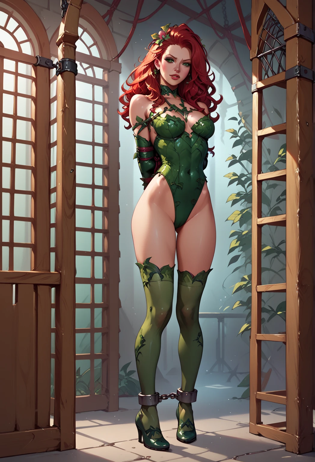 score_9, score_8_up, score_7_up, source_anime, elf, redhead, torn clothes, bare feet, standing tiptoes, bondage, Strappado bondage pose, Strappado, pussy dripping cum
