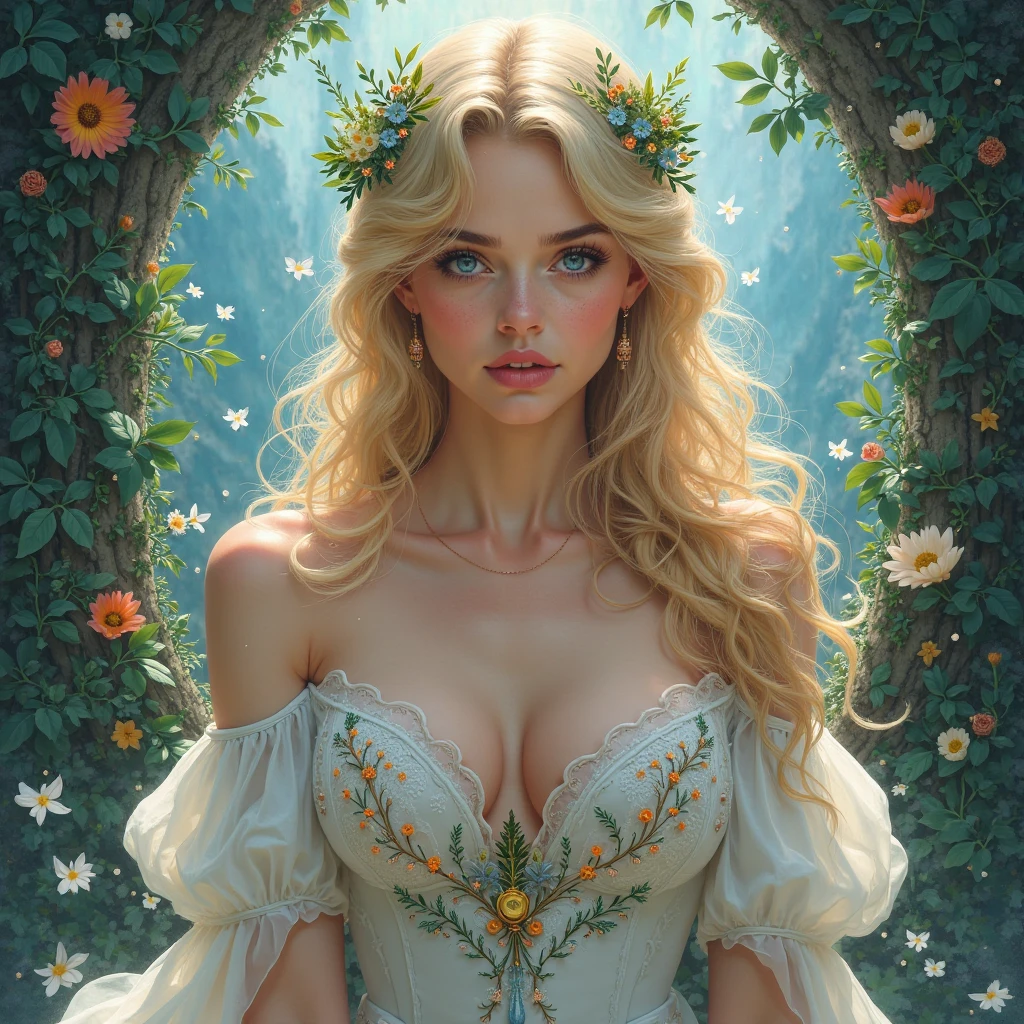 the overall theme and style should feel like. a hybrid of fairytale and Science Fiction. extremely beautiful model, female, long blonde hair, perky breasts, cleavage,, oppulentform fitting hooped skirt, red corset, large exagerated extravagant tiara. Wide Smile, Eyes Detailed & Wide, sexy Pose. Ultra HD, Rococo-Inspired Fantasy Art With Intricate Details. Cute, Charming Expression, Alluring-Gaze, looking at viewer Beautiful Eyes, An-Ideal-Figure. Large Youthful Well-Shaped-Breasts, Attractive ass showcased. Massive-Round-Bosom, Décolletage. slim waist, fit body, full lipsWarm lights , woman in a dreamy forest at night, with bushy hair, curly hair, tight spongy hair. delicate face, realistic, real, slim, large aperture, sexy shots, attractive poses,Stunnin gly beautiful merge of , Karen Gillan, Lily James . symmetrical face, photorealistic, photography, path tracing, specular lighting, volumetric face light, path traced hairmaximum quality{(masutepiece) (8K High Resolution) (top-quality)