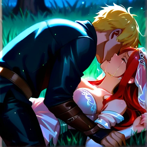 Fairy Tail character Lucy Heartfilia and Natsu Dragneel in the middle of the forest with Lucy asleep while Natsu caresses her chest