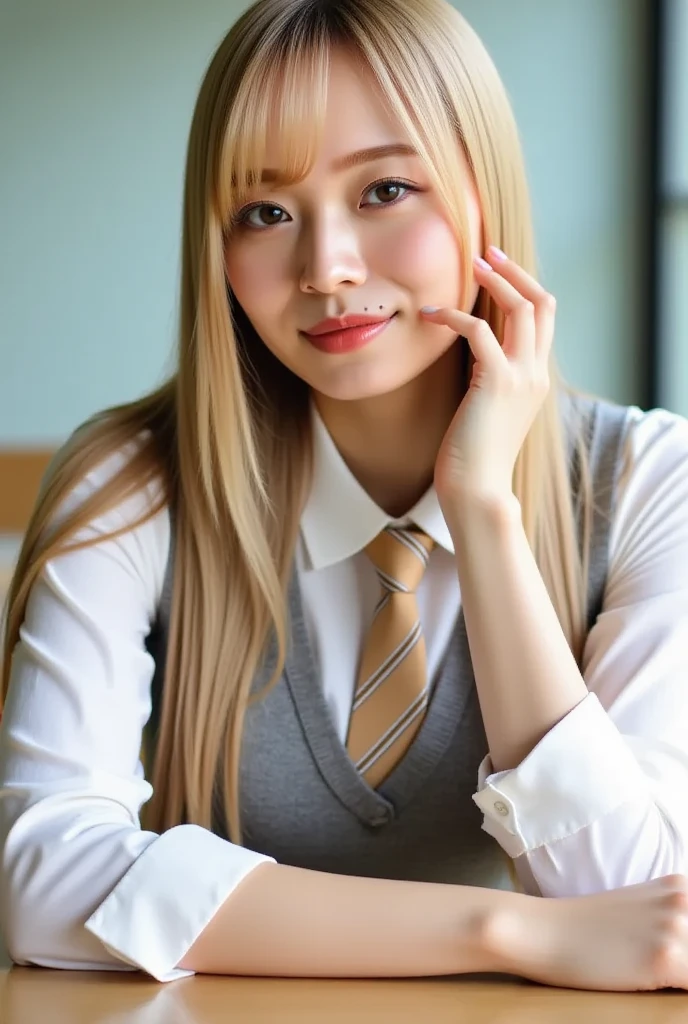 (Best Quality, Hyper Real, Ultra HD), Front Angle, Blonde Sitting at Desk Chair, White Shirt Wearing, Nogizaka 46, Cleavage, Slender, Glossy, Beautiful, Beautiful Eyes, Smile Expression, Best Skin Type, Background is Classroom