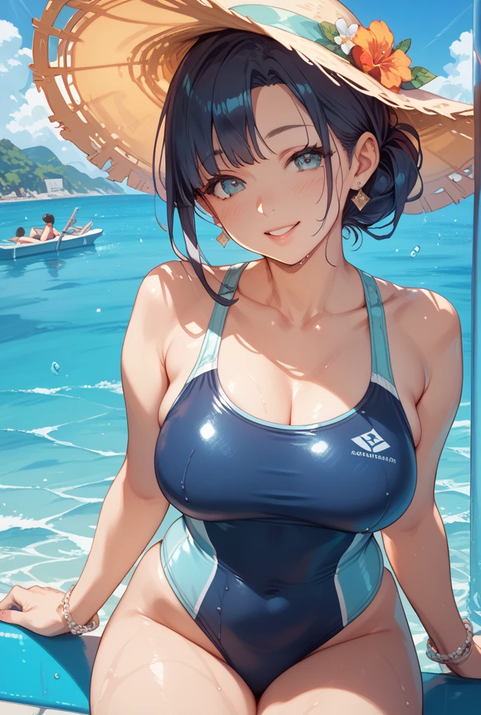 Realistic、Face reality、With a girl、Swimwear、Sexy smile、My breasts have gotten a little bigger、Sexy pose、From the front it looks like a one-piece, but from the back it looks like a mono bikini、