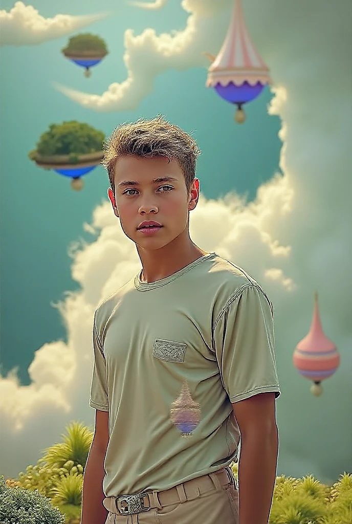 an 18 year old male. Spiky dark brown hair, blue eyes with star-shaped pupils, only wearing blue underwear, with two yellow lines, one on each side, running from shoulder to waist. On another planet. sitting on cyan colored grass. With pink and blue crystals in the landscape.
