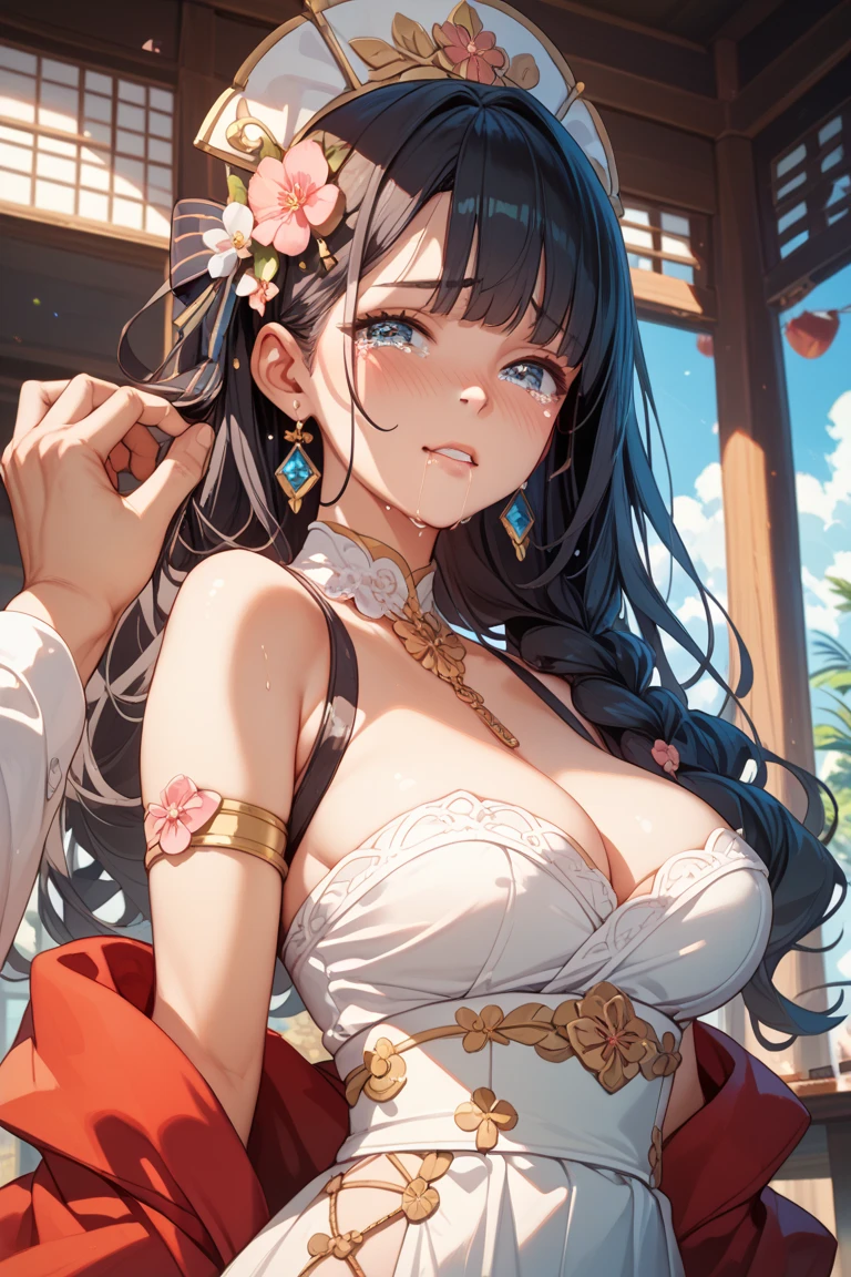 (tmasterpiece、top-quality，Black hair，Be red in the face，looks into camera，Off-the-shoulder attire，Close-up shot、top-quality、Large breasts，cleavage，Africa-centric(afro)、African Americans complete official art、Beautiful aesthetics, dark skin:1.2)、(1girl in:1.3)、(Fractal art:1.3)、The upper part of the body、From the side Side、looking at viewert、patterns、(Rainbow-colored hair、colorfulhair、African ink、​​clouds、starrysky、stone monument、Rough kanji、black-skinned，african man，ssmile，starrysky