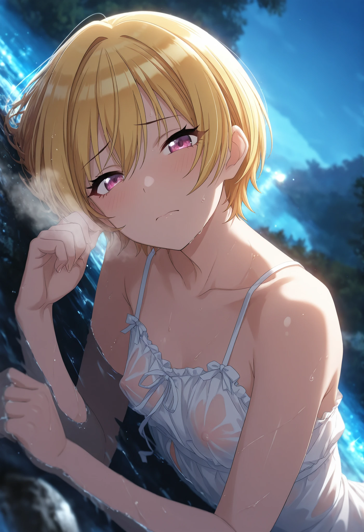 masterpiece,best quality, good quality, ,,outdoors, dark lake,((cinematic light)), shanimas, source_anime, saijo juri ,solo ,blond hair, short hair, shiny eyes, half-closed eyes ,1girl, ,looking at viewer, ,(white casual wear,),see-through , small , (slim arms), ,from , on side, (on dark water), aged up, ,dutch angle,(),(), heavy breath ,embarrassed, head tilt, head back, ,