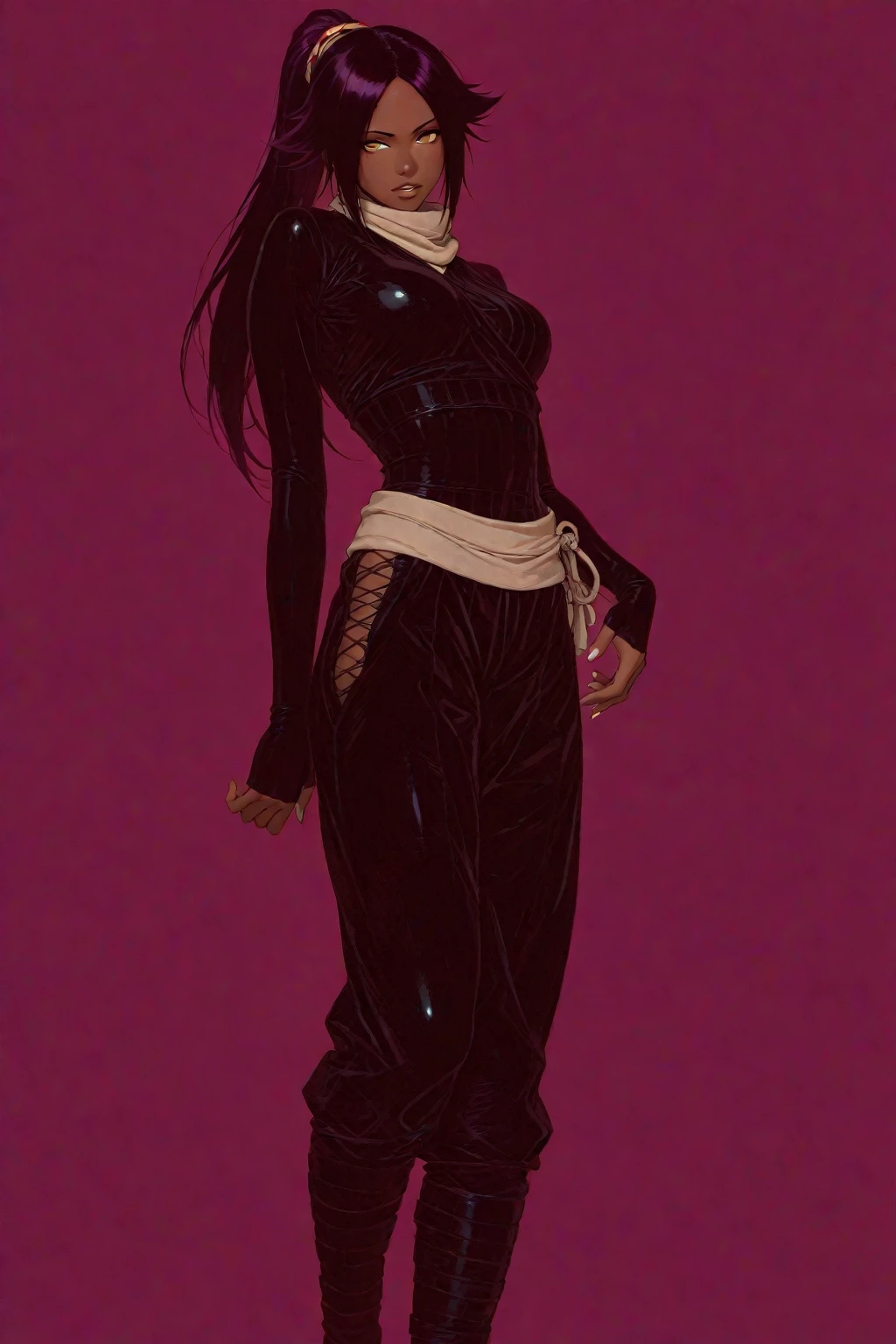 ((1girl, solo ,alone, long hair, black clothes, pink lipstick, Nico Robin, woman, (one piece) , dynamic pose, gold bracelets, ruby earrings)), ((solo, 1woman, pink lipstick, Extremely detailed, ambient soft lighting, 4k, perfect eyes, a perfect face, perfect lighting, a 1girl)),  leather boots, leather jacket, black jacket, clouds))