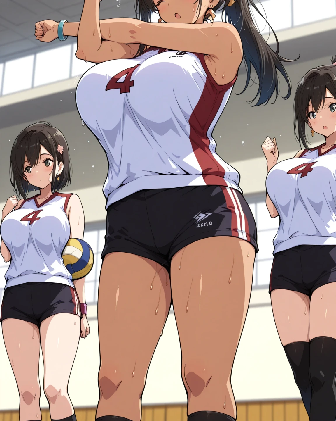 unity 8k wallpaper, anatomically correct, (((masterpiece))), (((best quality))), (((ultra detailed))), (((high-resolution))), ((super fine illustration)), ((Ultimate cutie)), ((detailed beautiful face)), perfect hands, perfect finger, (((good anatomy))), BREAK, multiple girls, lovingly gaze, harem, group picture, 17 years old, (potbelly), (Curve), medium breasts, ((thick thighs)), Shiny hair, (((coquettish smile))), (((blush))), BREAK, Adidas, Sleeveless collared Volleyball Uniforms, ((wristbands)), BREAK, (Hold the beautiful spherical 6-inch volleyball), ((Sweat)), (perspired), (Heavy breathing), in gymnasium, in volleyball court, depth of field, strong light, cowboy shot,,