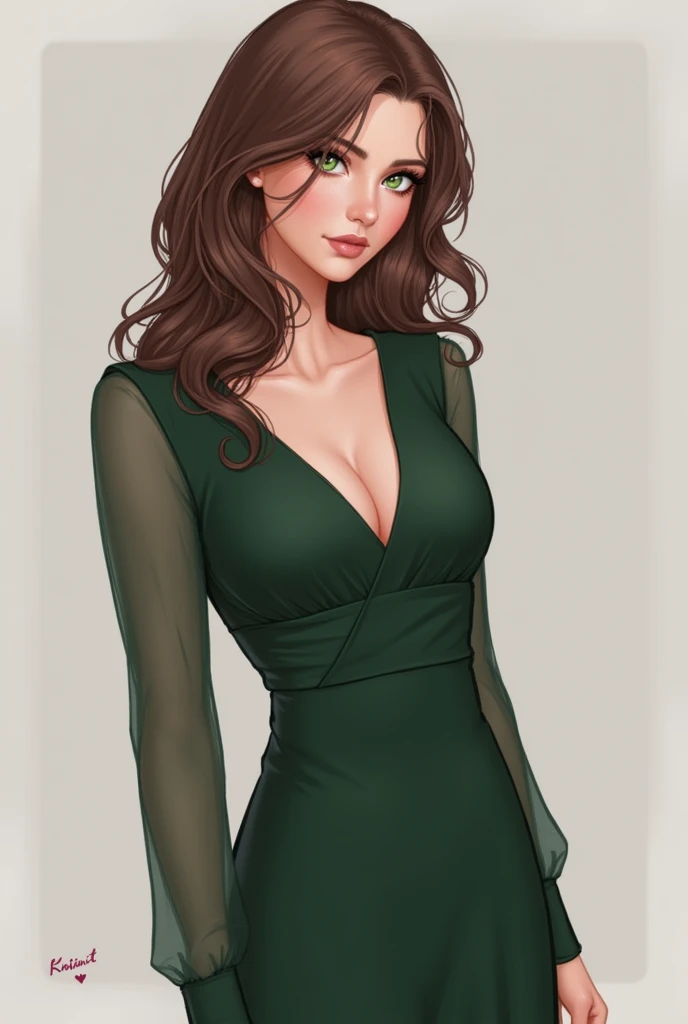 Beautiful woman with Brunette hair green eyes large breasts and a sexy face