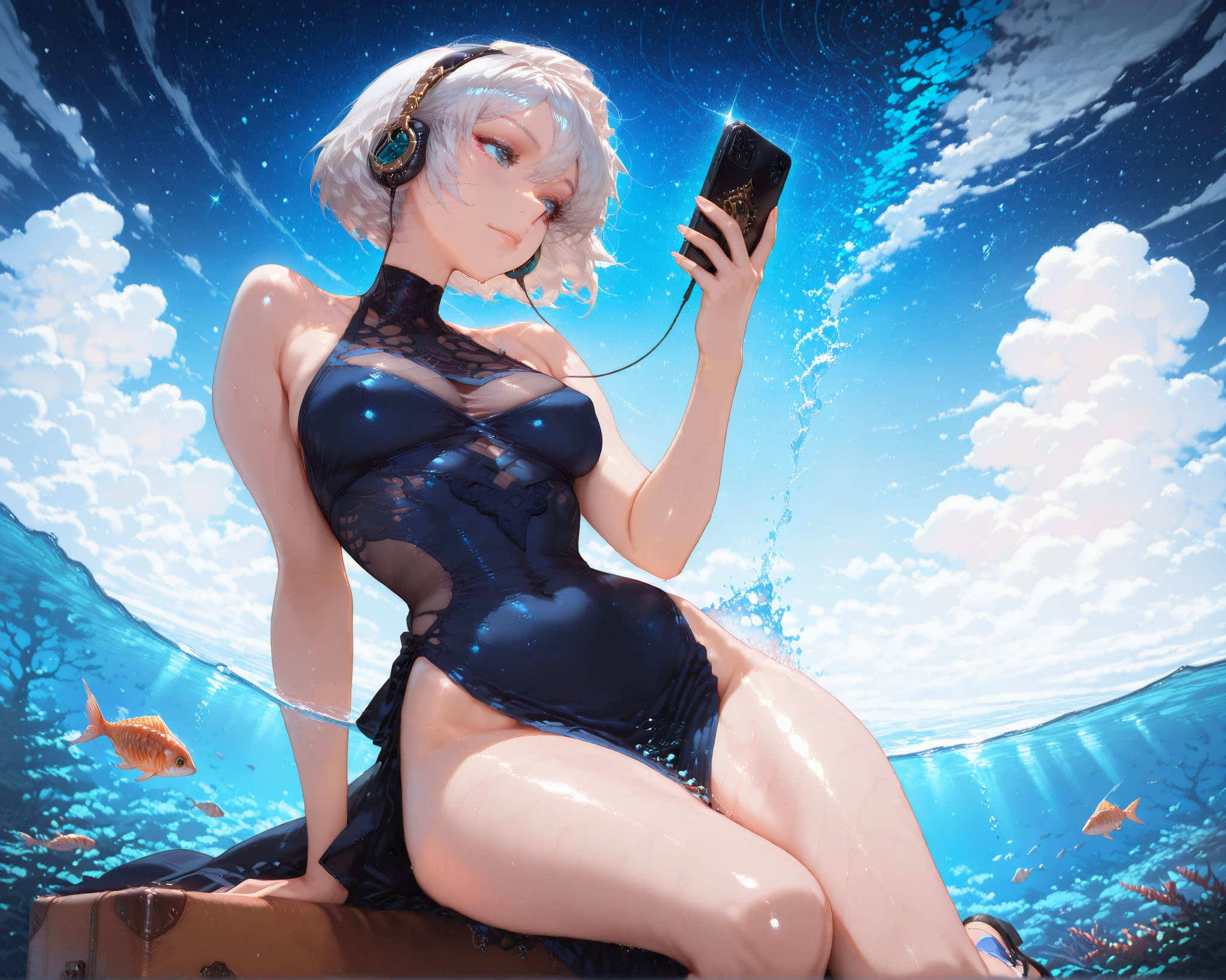 ((Top Quality)), ((Masterpiece)), ((Detail)), Perfect face, Perfact bodty, sitting on the swmming pool, listening to music, wearing headphones, wearing swimsuits, swimsuits are transparent, legs open Sitting wide open, wearing tight clothing (yes, buttocks and breasts are exposed). I see a face, one women