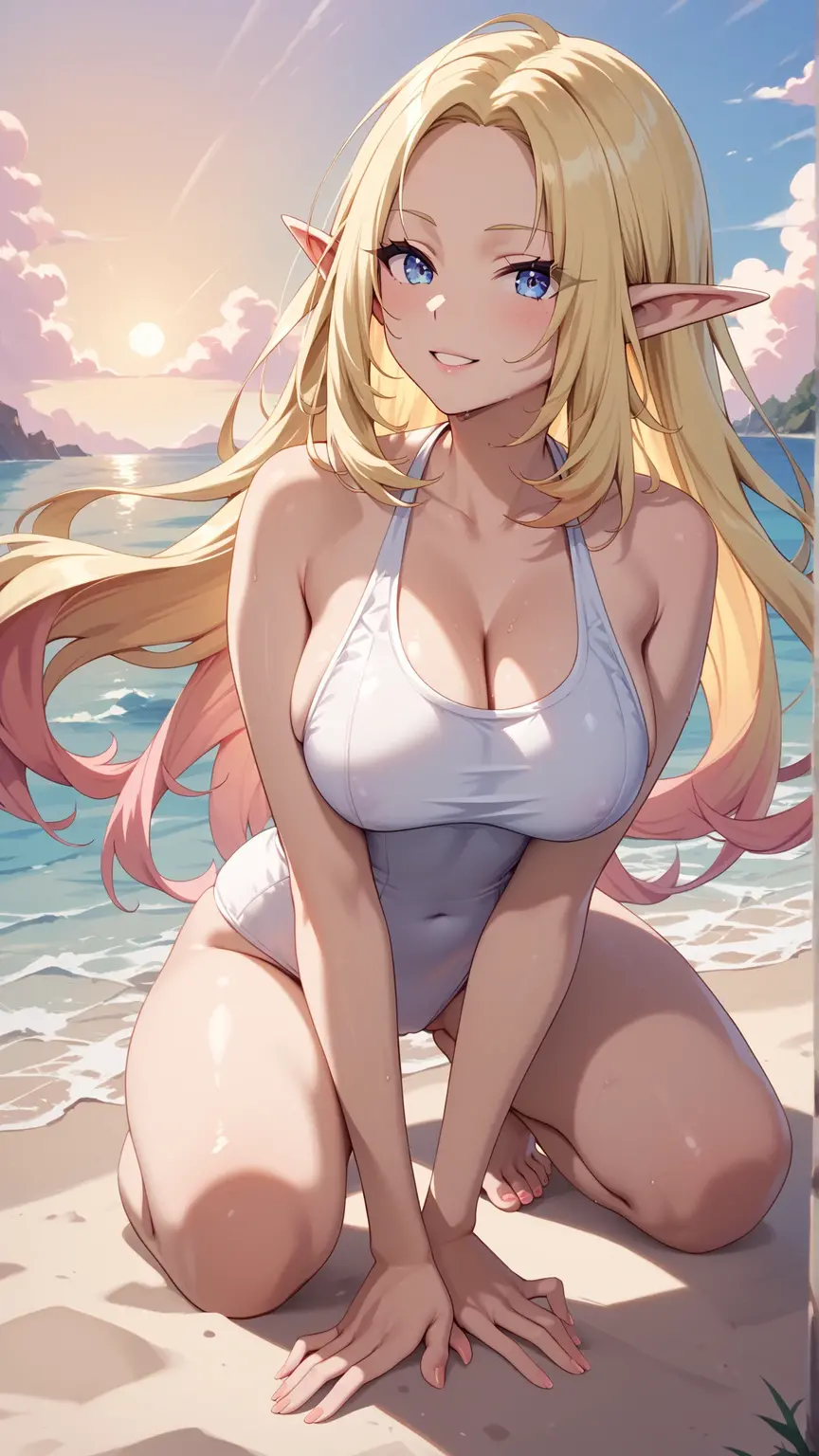 (best quality:1.5, highres, UHD, 4K, detailed lighting, shaders), long blonde wavy hair, blue eyes, busty, naked, no underwear, seductive pose, (pov, close shot), standing, sea background