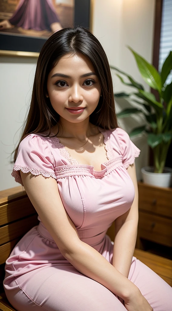 RAW, Best quality, high resolution, masterpiece: 1.3), beautiful Malay woman, curly hair,Masterpiece, perfect curvy body, big ??????,huge thighs,huge ????, big gorgeous eyes, perfect hands, open mount,Soft smile,beutifull face,woman in atight pink pajamas and shorts standing next to a white table, sleepwear, wearing pajamas, short sleeves, lovely and cute, charming smile, cotton, katelynn mini cute style, lovely smile, lovely woman, pinky,light pink, cute woman, stylish, cute and lovely, polka dot, satin, short smile, Excellent lighting, Bright colors, Clean lines