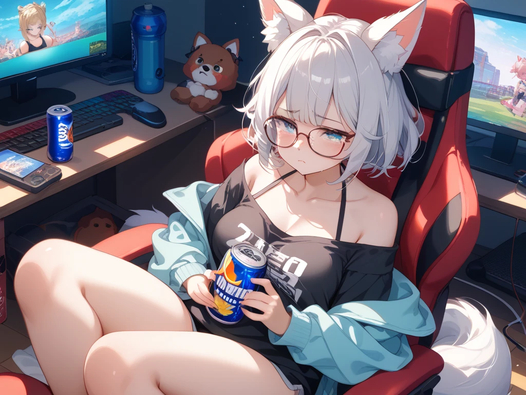 The big bad wolf with skinned tiger-skin rolls from Egg Boy wears glasses and drinks milk and raises his hands in a gesture of "yeah"
