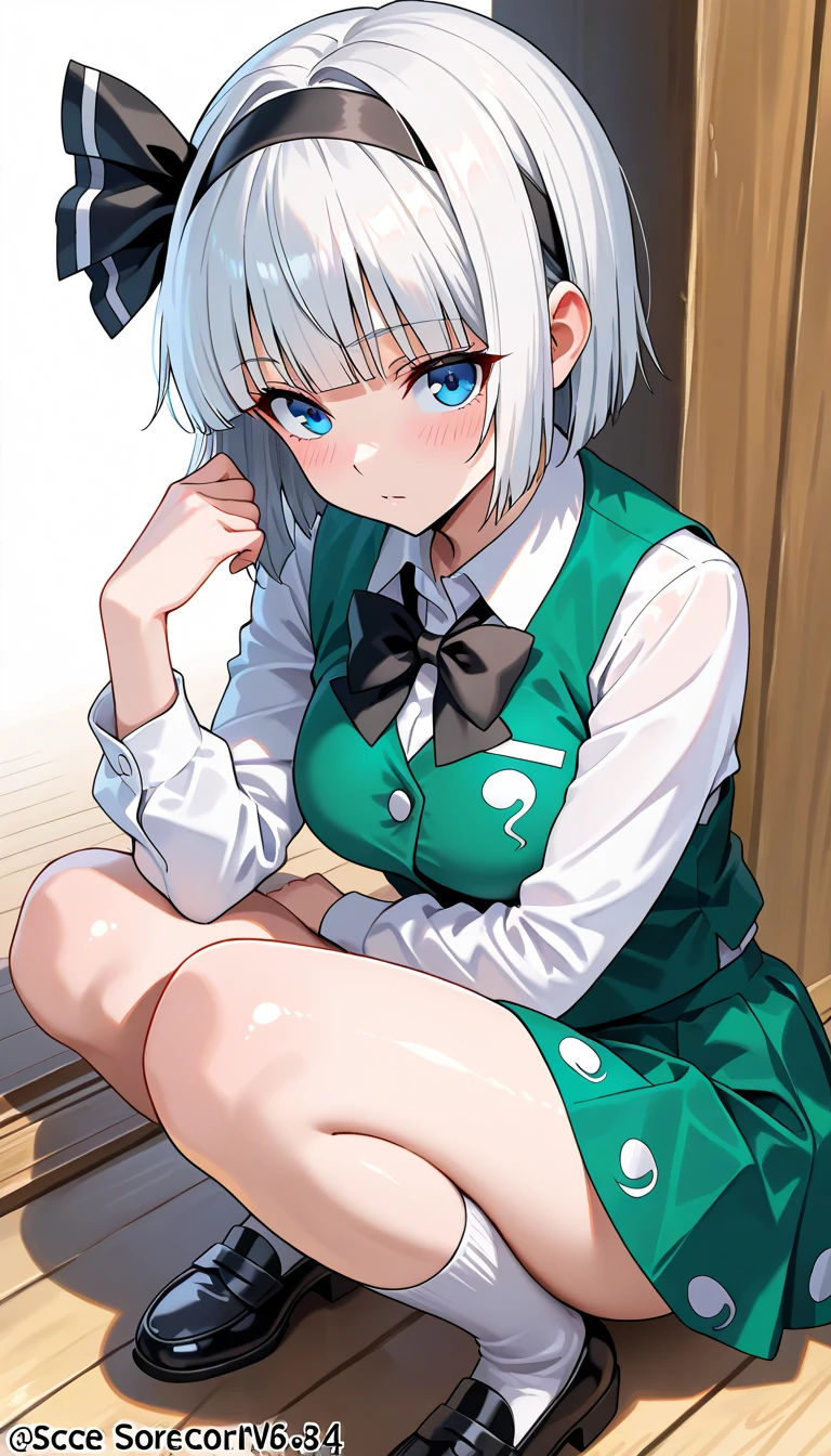 girl、Konpaku Youmu、Gray Hair、Light blue eyes、Black Hair Ribbon、White shirt、Green vest、Clothes falling apart、Nippleasturbation、Touching the pussy、Squirting、sexual excitement、Red face、Sigh、Close your eyes