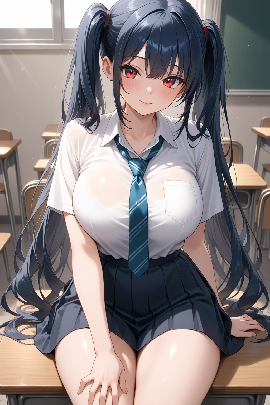 masterpiece,beautiful,extremely detailed face,linghan3,1girl,solo,parted bangs,forehead mark,looking at viewer,barefoot,seductive smile,close-up,green eye,<lora:add_detail1:0.5>,huge breasts,spread legs,head wreath,parted bangs,(school uniforms:1.2),(school:1.4),classroom,tables and chairs,sit,