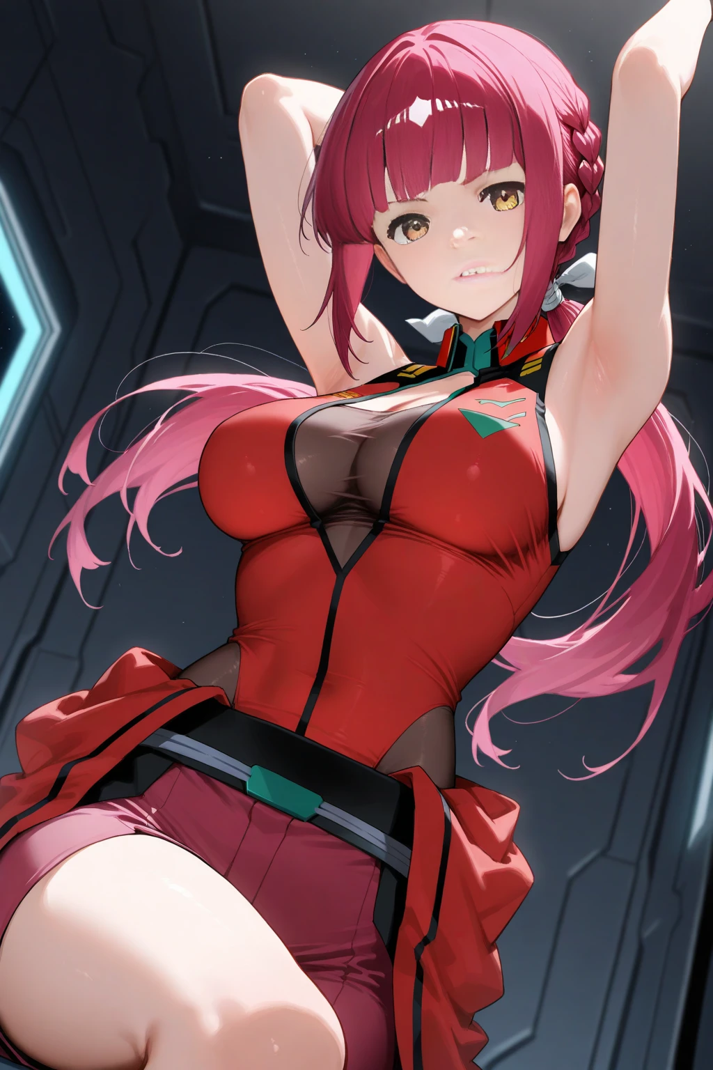best quality, insanely detailed, nino nakano, breasts, blush, bedroom background, looking at viewer, bodysuit, cheerful eye, pantyhose, bare-shouldered, nipple