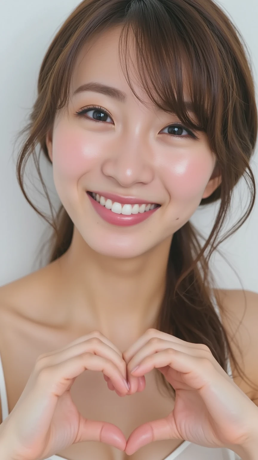 ((Highest quality)), ((8K)), ((masterpiece: 1.3)), (Perfect appearance), (Photorealism: 1.6), (AYN), (Japan Bride), (In front of the church), (sunny), Japanese women, (48 years old), (Natural light), ((Stand upright, Look forward, Center of screen)), ((Realistic skin texture)), (Fine wrinkles appear all over the skin: 1.3), (Dullness: 1.1), (Unmoisturized skin: 1.2) , (Facial wrinkles: 0.9), (Wrinkles around the eyes: 1.2), double eyelid, Lower eyelid tear trough, The eyes are looking here, Serious look, (Dimples: 1.2), Laugh with the corners of your mouth wide open, Straight medium length, (Completely naked: 1.2), (Face-hiding veil: 1.2), (Bridal Veil: 1.2), High heels, (Bouquet in hand: 1.2), (whole body), (Angle from the feet: 1.2),