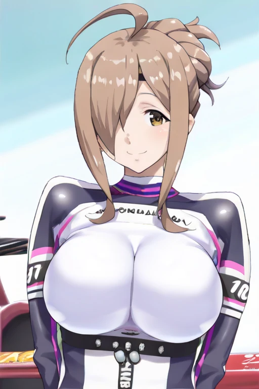 Momoi Hina, short hair, low twintails, hair between eyes, light brown hair, brown eyes, scrunchie,  1girl, solo, large breasts., crying , nipple,　Expressway, Riding a bike