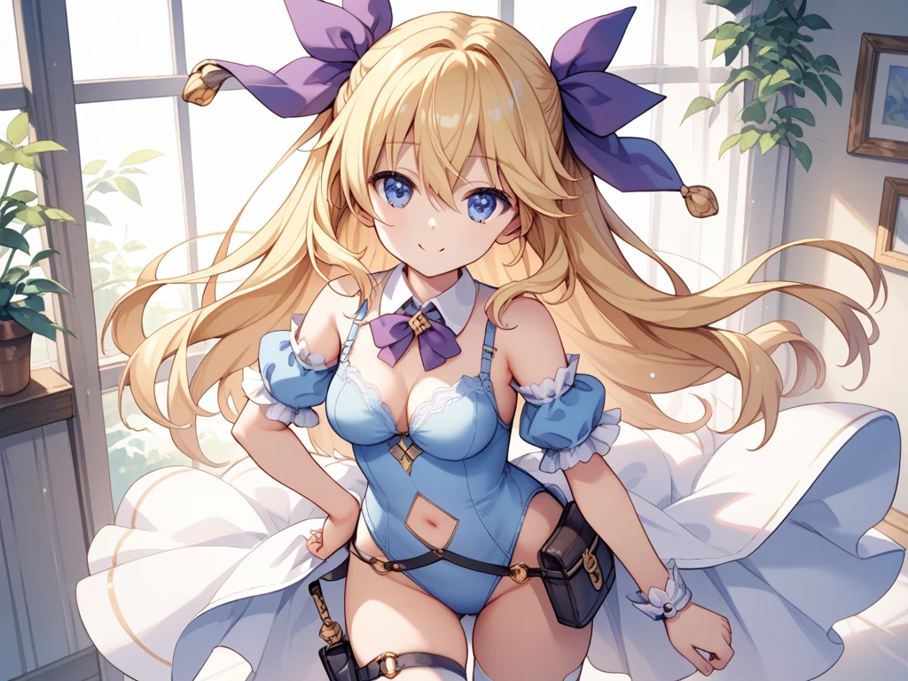 1girl, long hair, blonde hair, drill hair, blue eyes, headband, bikini, armor, detached collar, single pauldron, gauntlets, greaves, showgirl skirt, standing, outdoors, forest, holding sword, smug, looking at viewer, cowboy shot score_9, score_8_up, score_7_up, score_6_up, score_5_up, score_4_up, BREAK source_anime, masterpiece