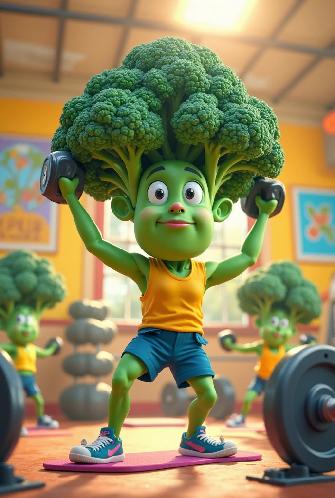 fundo branco com um brócolis em chibi musculoso 3d de frente para a tela com roupa de academia masculino