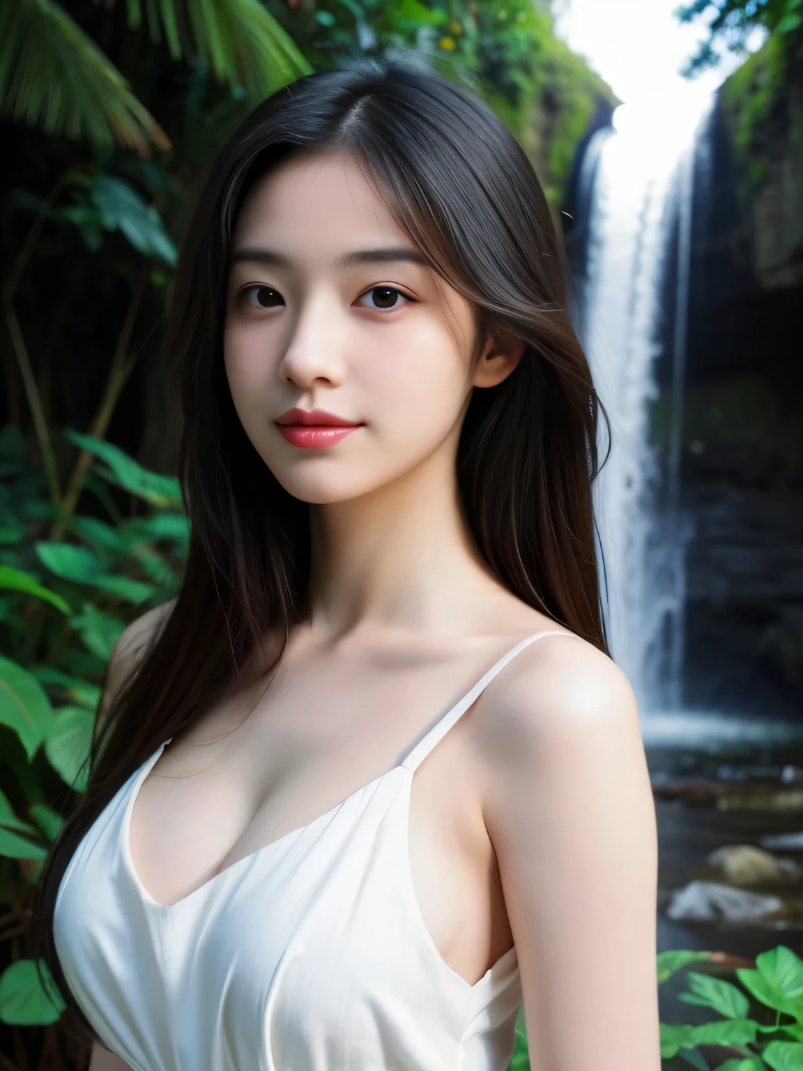 (ultra realistic) , (illustration), (increase resolution), (8K), (extremely detailed), (best illustration), (beautiful detailed eyes), (best quality), (ultra-detailed), (masterpiece), (wallpaper), (detailed face), 1 girl, black straight hair, slender body, delicate details, in the dark, deep shadow, low key, pureerosfaceace_v1, happy smile, summer dress, waterfall, rainforest
