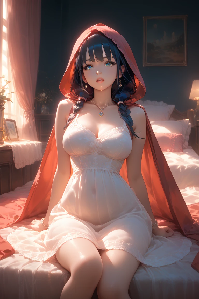 masterpiece illustration of 1girl, bra, thighhighs, miniskirt, cleavage, red skirt ,night, hood, arms behind back,<lora:Sexy Little Red Riding Hood outfit(57):0.8>