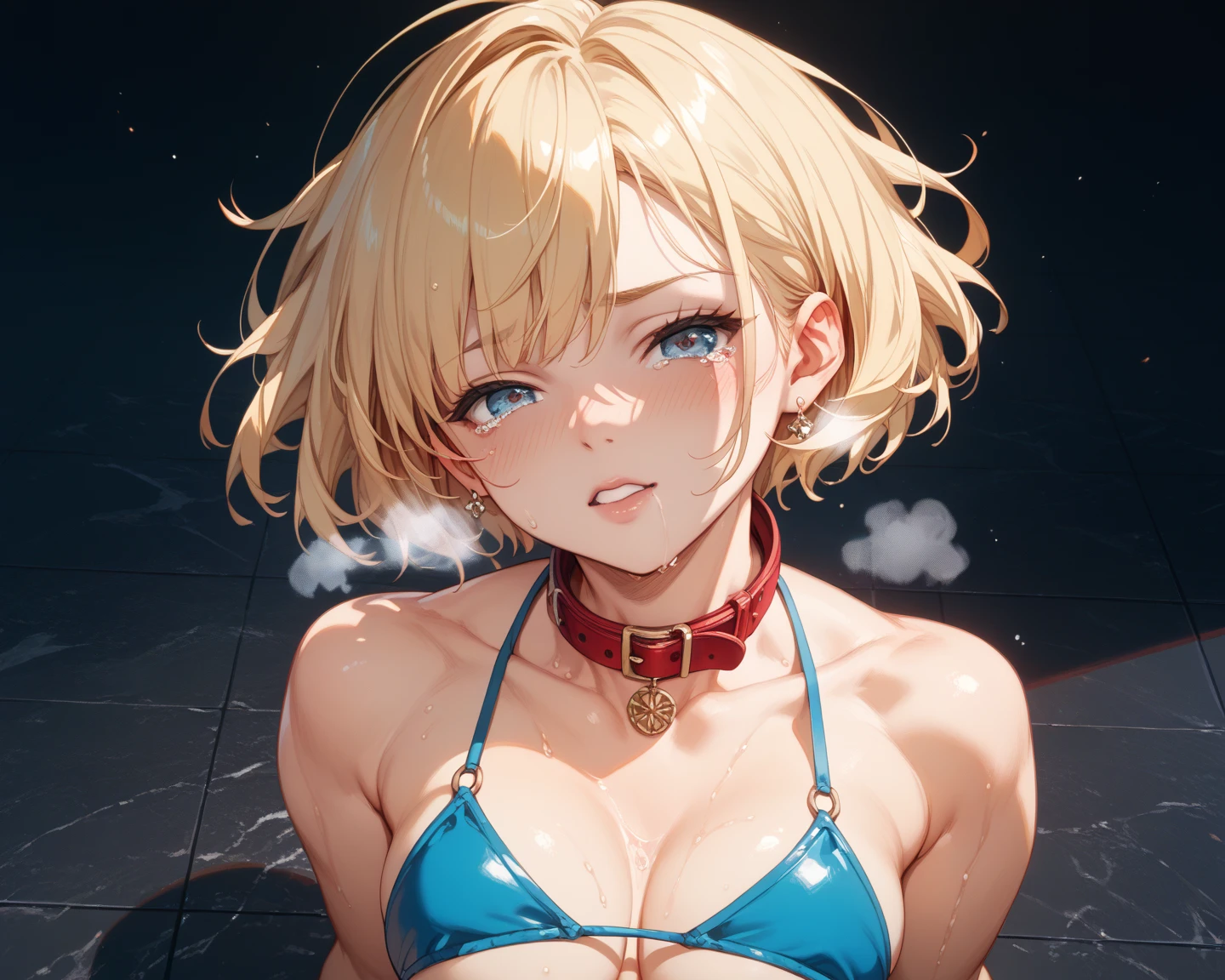 nsfw,(large breasts:1.4), bikini, underboob, small bikini,((slim)), thin, hourglass figure, toned, dim lightning, flat belly, barely marked abs, lower body close up, (wide hips), (child bearing hips), microbikini, thick thighs