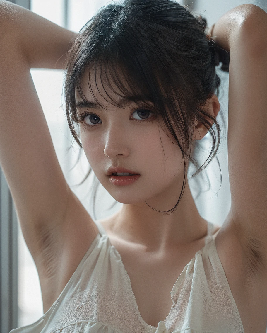(Ultra Realistic), (Illustration), (High Resolution), (8K), (Very Detailed), (Best Illustration), (Beautiful Detailed Eyes), (Best Quality), (Ultra Detail), (Masterpiece), (Wallpaper), (Detailed Face), Night, Upper Body Up,Armpits, Ice Cream,Short Hair,Inner Color,Solo,Simple White Tank Top Girl, Sweaty, Japan Person, Big Tits, (Camel Toe)