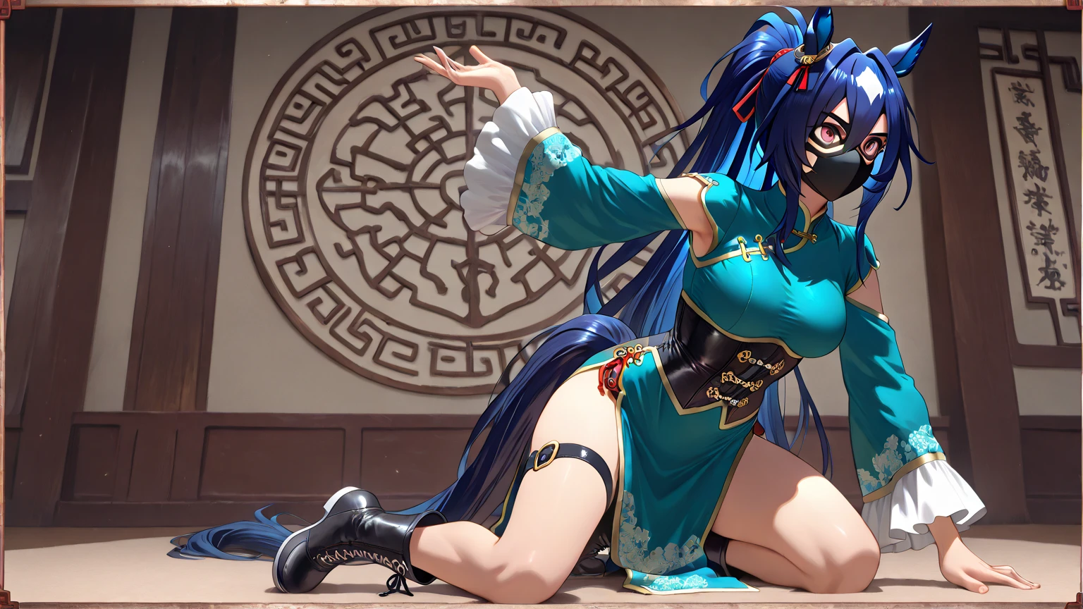 score_9, score_8_up, source_anime, 1girl, solo,The photo features a woman standing in traditional decorations. She is wearing traditional attire consisting of a light blue kebaya with lace trim and a long blue skirt with batik or songket patterns. The woman is also wearing white high-heeled sandals, and there is a frangipani flower tucked behind her left ear. The surrounding environment has ornate decorations, likely from Bali or Java. , (bound wirsts), (arms behind back), (tapegag, tape gag), dramatic, (looking at viewer), (detailed pupils:1.3),pencil skirt ,red rope, thick rope,big breast, colored tips white hair, blue hair,(bound with an excessive amount of ropes)