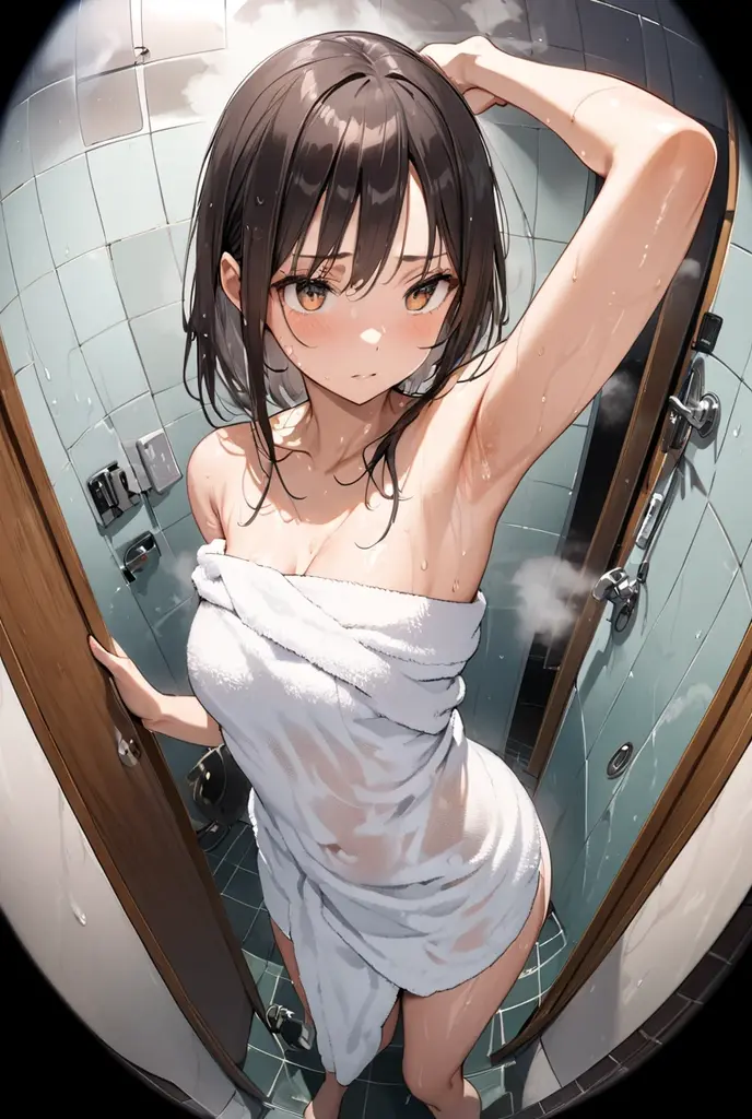 Only one female, Are standing, (Swimsuit:1.2) stylish, Mature Woman, /(Black Hair/) bangs, A gentle blushing smile, (Masterpiece Top quality:1.2) Delicate illustrations, super detailed, (Raise the hand) (Place your hands behind your head) break (Shower room) indoor, simple wall,