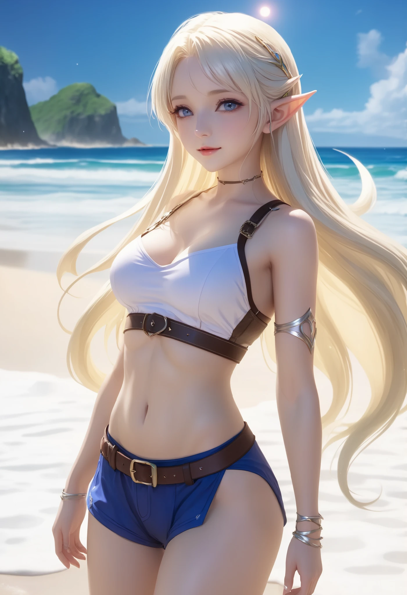 Beautiful 1girl in, full body, teenager, Solo, (very long waist length hair, straight blonde hair: 1.28), ((light blue eyes)), clear skin, (large darker fox ears: 1.35), pale skin, medium breasts, cleavage, (thin hips, thin waist: 1.25), (arched back:1.12), detailed skin, shy smile, background, looking away, (wearing only a bikini: 1.5), groping chest, kneeling in the sand, masterpiece, best quality,3d rending work ,3DMM style, close-up, portrait, 3D,