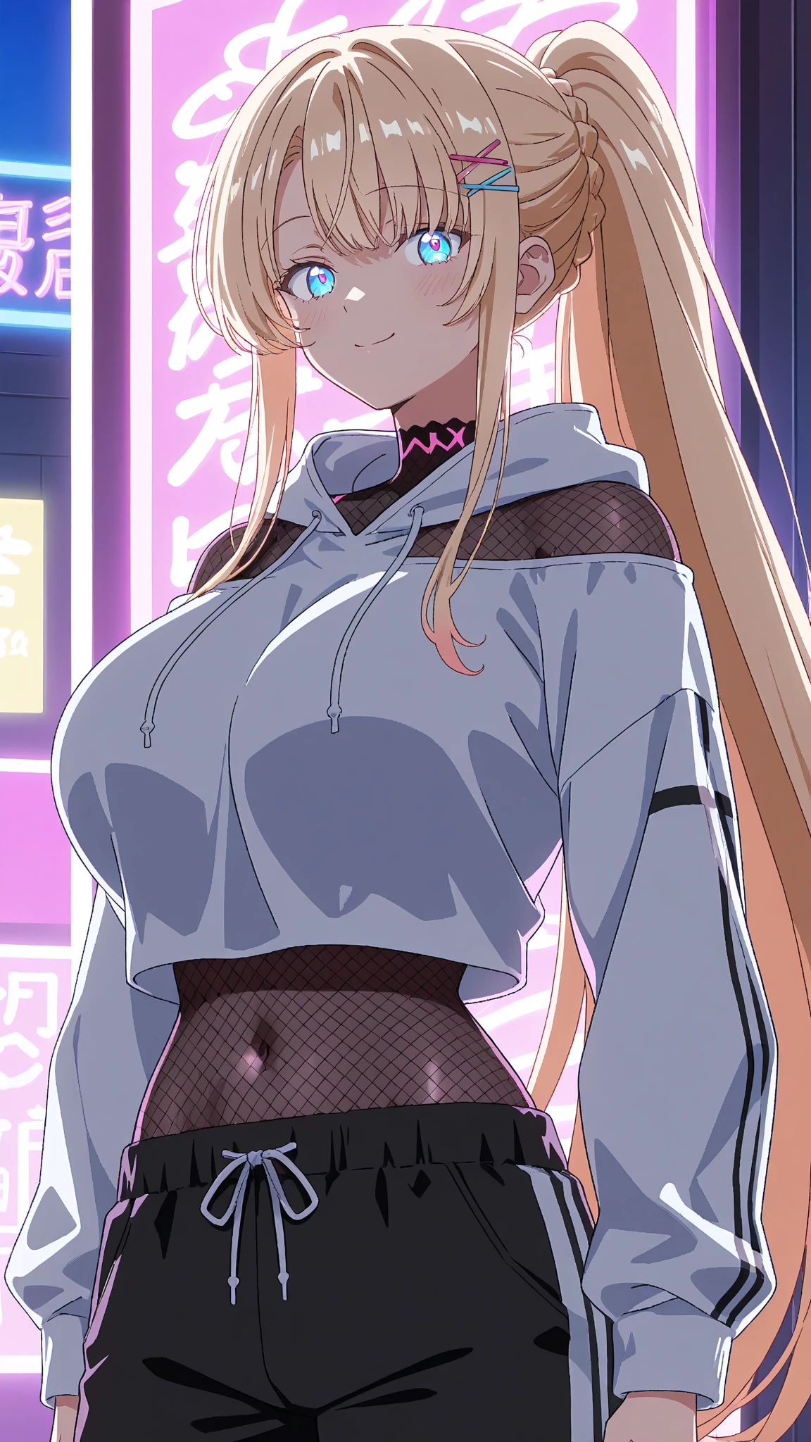 Top quality, incredibly beautiful, very delicate 8k wallpaper, transcendently beautiful girl, gal, (dark skin:1.5), BREAK, long hair, (blonde hair pink gradient hair), grin, long eyelashes, makeup, sparkling eyes, flat_chest, huge_breasts, wide_hips, BREAK, hands in pocket, (zip up black hoodie:1.2), cleavage, bottomless, (no-bra:1.1), bedroom, the morning sun shines, curtains swaying in the wind,