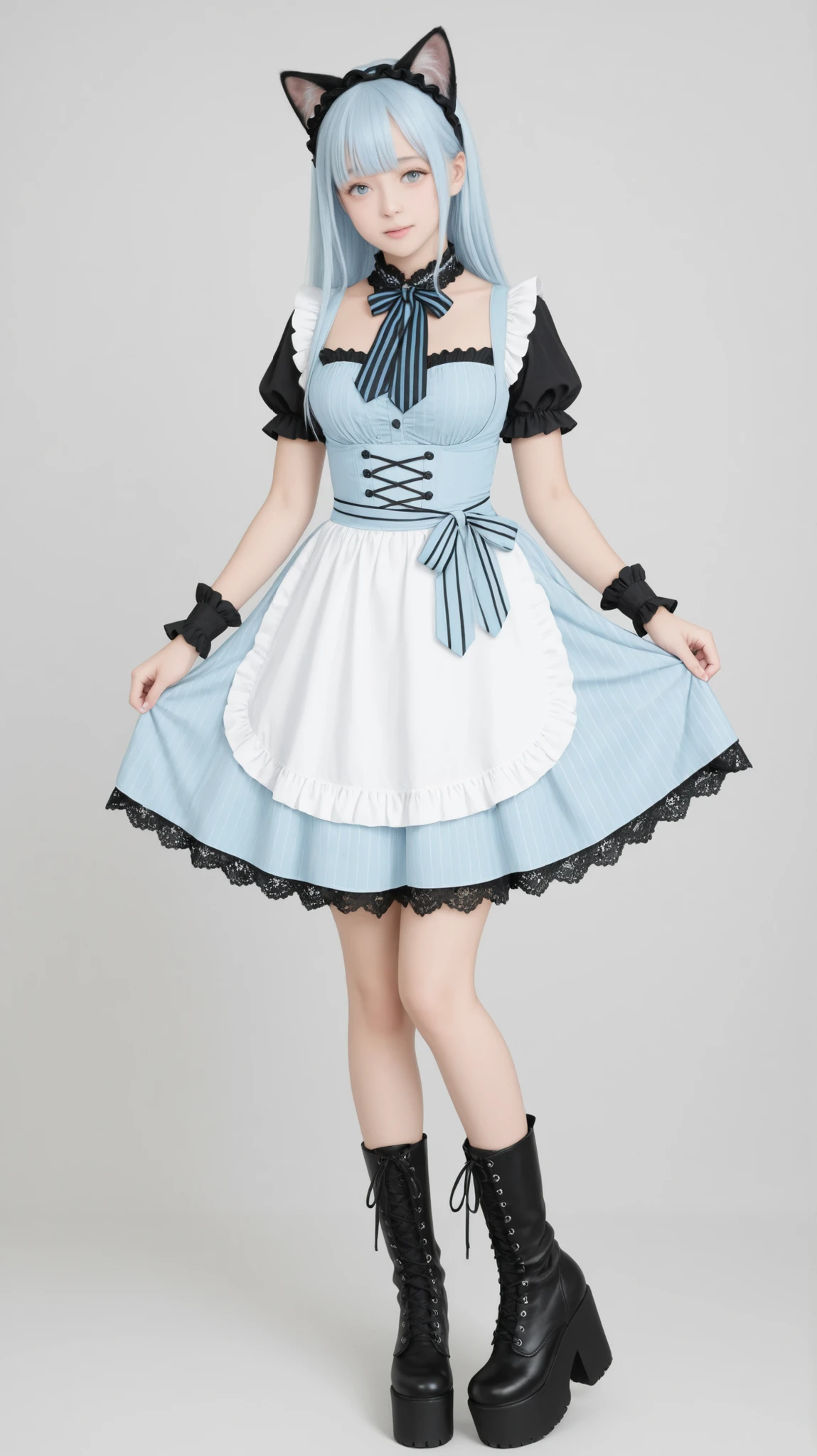 attractive poses, Exquisitely Designed Outfits, modestly gold on a two-color block of light blue and white dirndl DECORATION , black lace collar and puffed sleeves with multiple layers , Pastel Gothic Style Apron with Lace and Ruffles on Light Blue and White Layers, Sleeveless Design with Ruffles and Black Lace Trimming on Light Blue Straps, white high collar blouse elegant , black lace collar and puffed sleeves , light blue and black striped tie gracefully tied to a light blue and black striped tie , Floppy ribbon , pale blue platform boots with black lace accents and ruffled edges, black lace arm cover , Light Blue Cat Ears Maid Style Headband, black bow