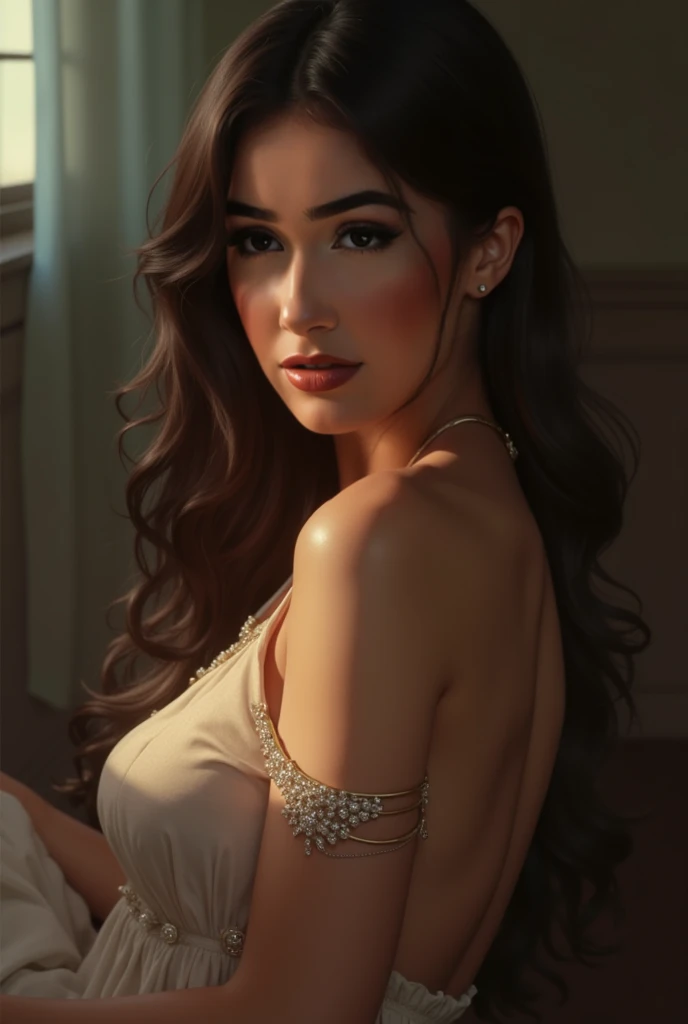 A beautiful woman in white sits on the sofa with her legs crossed and with a seductive smile, jaw-dropping beauty, very seductive pose, dressed in white