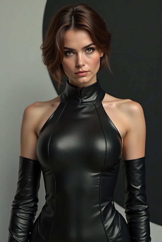 Gorgeous european woman with short hair, wet hair, hair slicked back, combed straight back, slick hair, streaked brown hair, seductive pose, karen gillan, dressed as a sexy jedi, cleavage, solid dark grey background