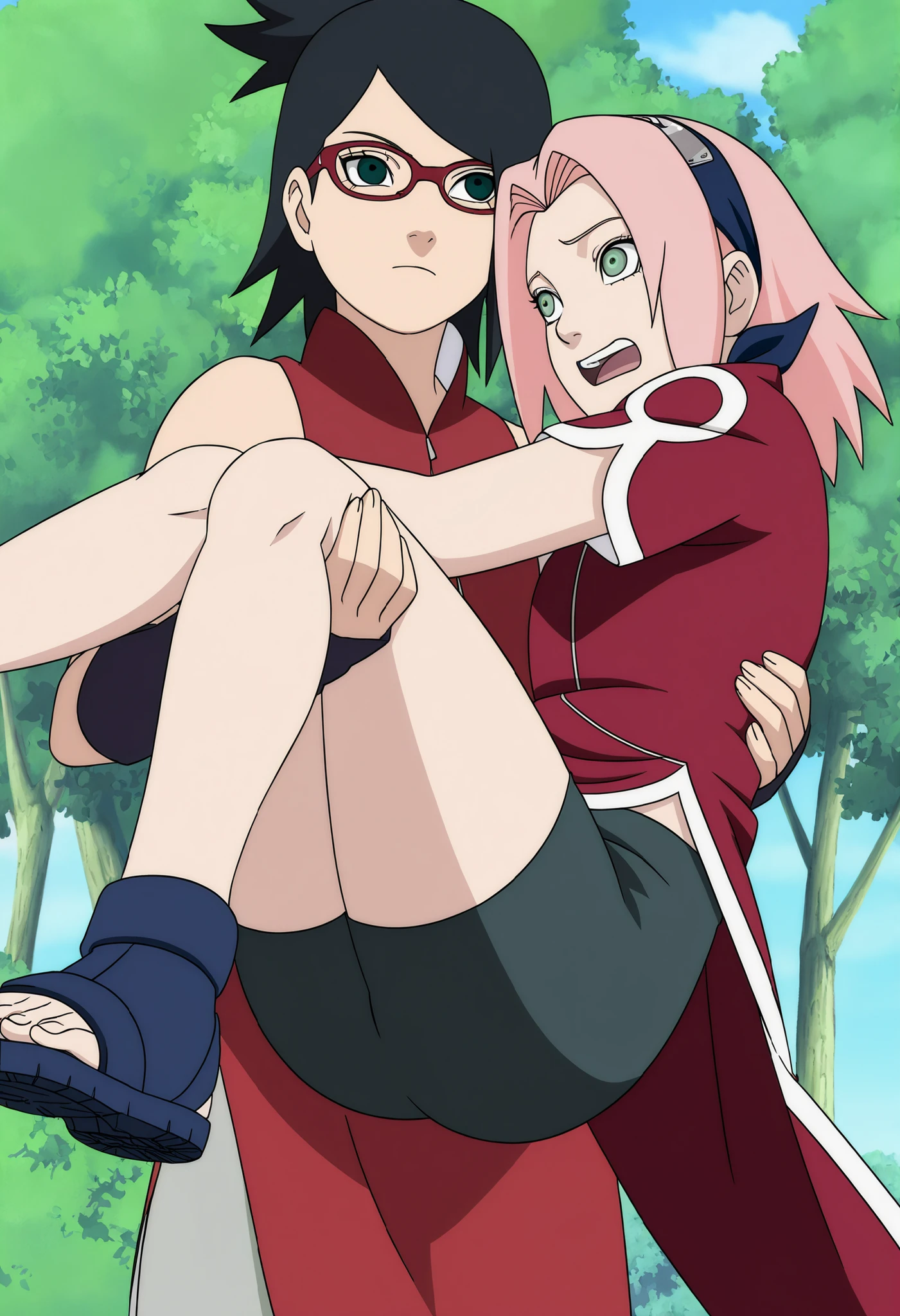 masterpiece, best quality, very detailed, , masterpiece, best quality, eyelashes, (Beautiful Eyes), cowboy shot,, Official anime Illustration, Official artwork, screencap,,Scarsdale, ,Sakura haruno, 1girl,solo, short hair, pink hair, green eyes,"Red sleeveless Chinese qipao with white trim and symbol, black shorts, black open-toe ninja sandals." Standing, , wide hips , princess carry,1girl ,Sarada Uchiha , black hair, glasses, red shirt, white short, female carrying female , role reversal