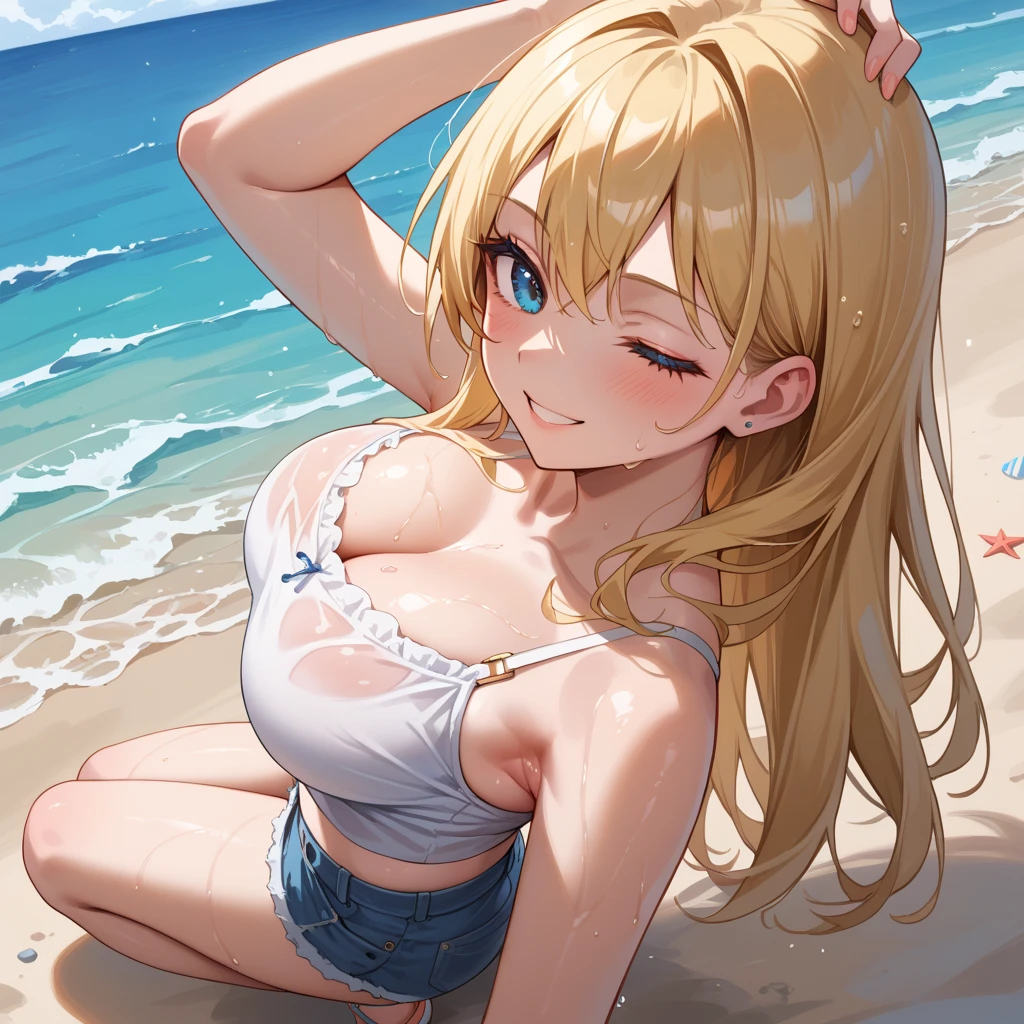 (highest quality, High resolution, perfect pixel, Depth of bounds written, 4K), (from side), detailed eyes, (1 lady), tall, (skinny body:1.2), (thin thighs:1.2), (Narrow hips:1.2), large breasts, blond hair, (ponytail:1.2), (yellow Short pants bikini:1.2), (unbutton:1.3), (cross halter bikini), (rio cut pants), (panty strap:1.3), (denim short panty:1.2), (seductively posing on all fours on a beach, looking up flirtatiously:1.2), (clear face), sweat,