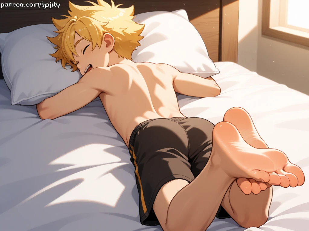 Link, Tears of the Kingdom, male, anthropomorphic cartoon, 2d, drawn, flat shading, sexy, pinup, naked, thin, lithe, attractive, sleeping on a sofa, displaying his body, mid-morning sunlight, full body shot, paws included, arched back, slightly raised hips, ejaculating in his sleep, cum on stomach, cum pooled, erection, pained face, closed eyes, socks, legs in air
