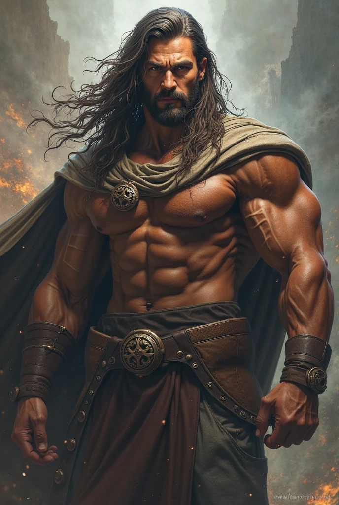 a man with a sword standing in front of a fire, male barbarian, barbarian warrior, barbarian class, barbarian, fire giant, heroic fantasy character concept, jason momoa as conan, epic fantasy character art, masculine muscular figure, heroic fantasy art, conan the barbarian, muscular character, heroic masculine , muscular masculine figure --auto --s2